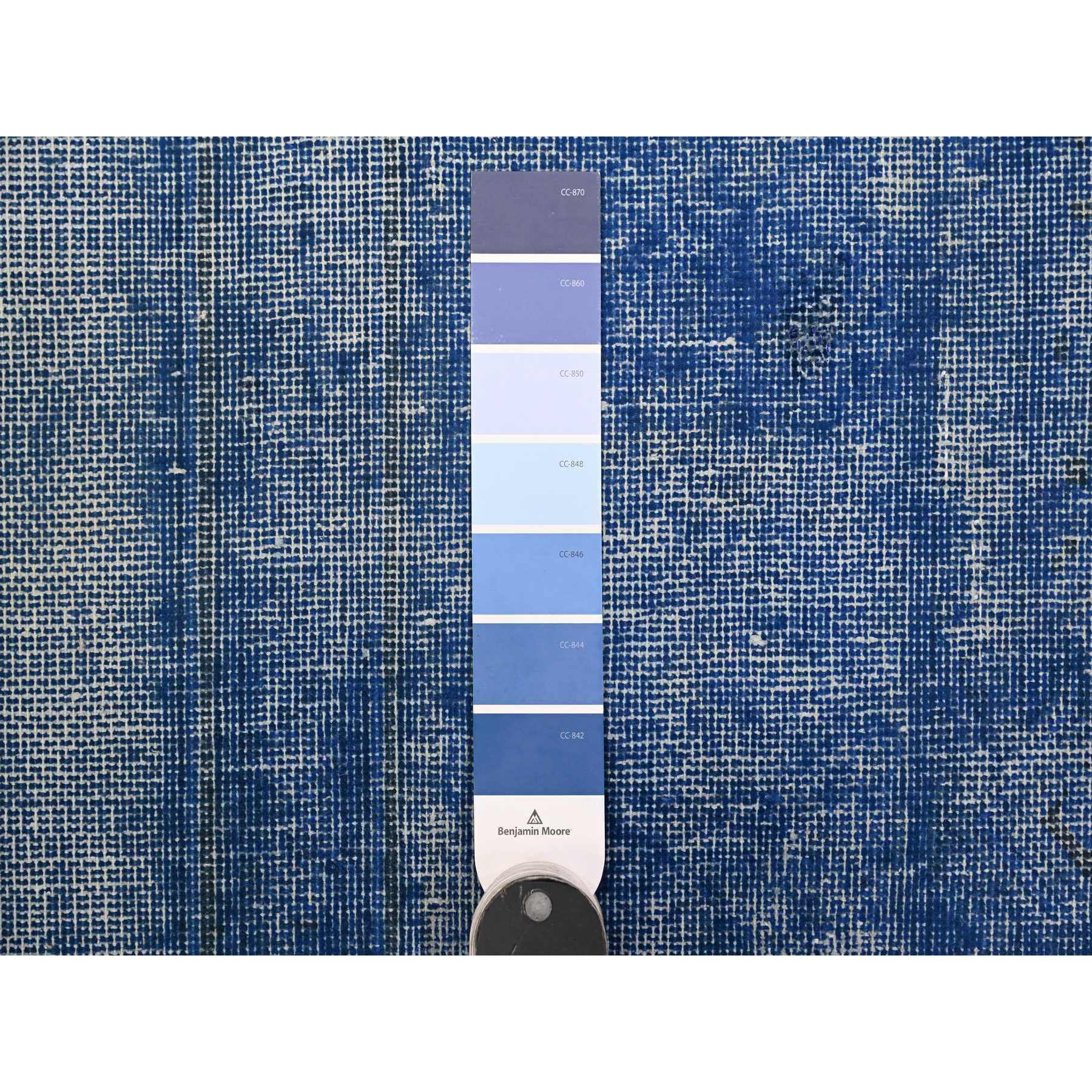 8'1"x11'5" Chelsea Blue, Distressed Look, Worn Pile, Open Field Design, Velvety Wool, Sides Secured, Hand Knotted Vintage Persian Kerman, Overdyed, Cropped Thin, Oriental Rug Sh89448