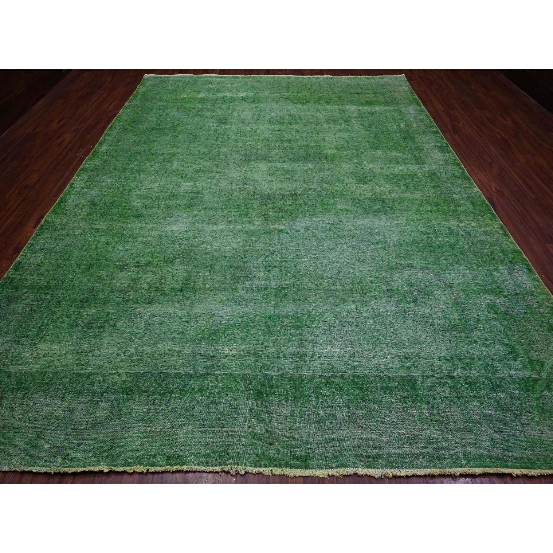 9'7"x12'7" Forest Green, Vintage Persian Kerman, Erased Design, Sides Secured Professionally, Hand Knotted, Worn Out Look, Soft And Shiny Wool, Oriental Rug Sh89450