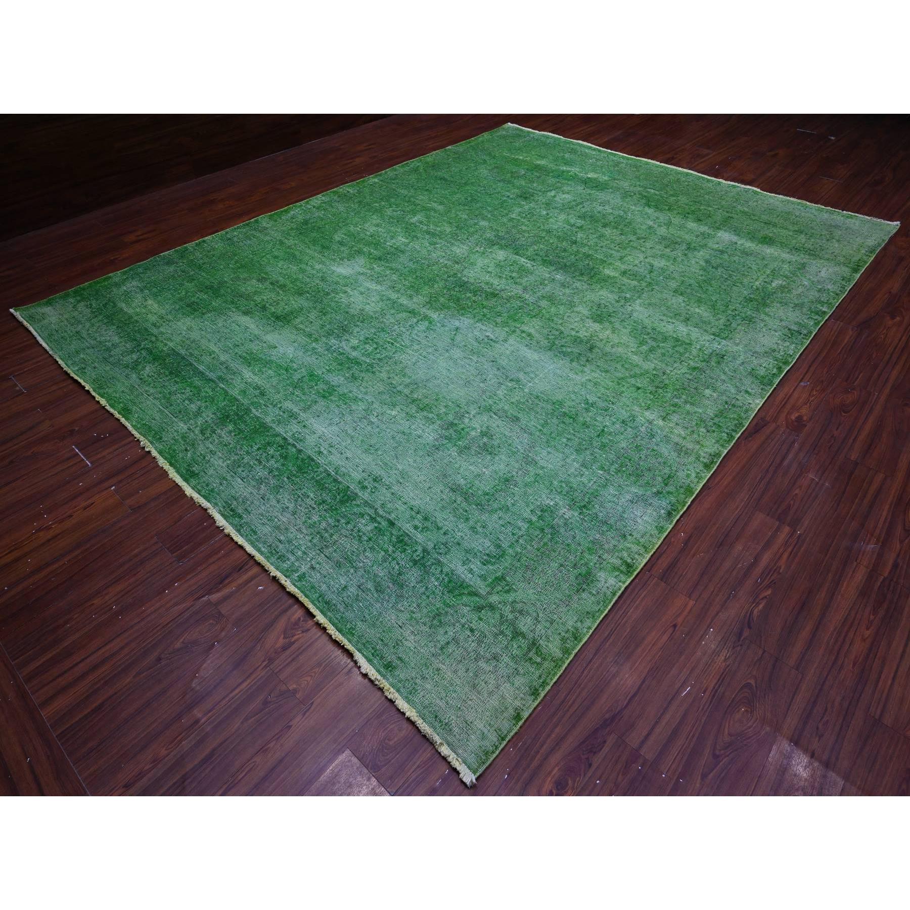 9'7"x12'7" Forest Green, Vintage Persian Kerman, Erased Design, Sides Secured Professionally, Hand Knotted, Worn Out Look, Soft And Shiny Wool, Oriental Rug Sh89450