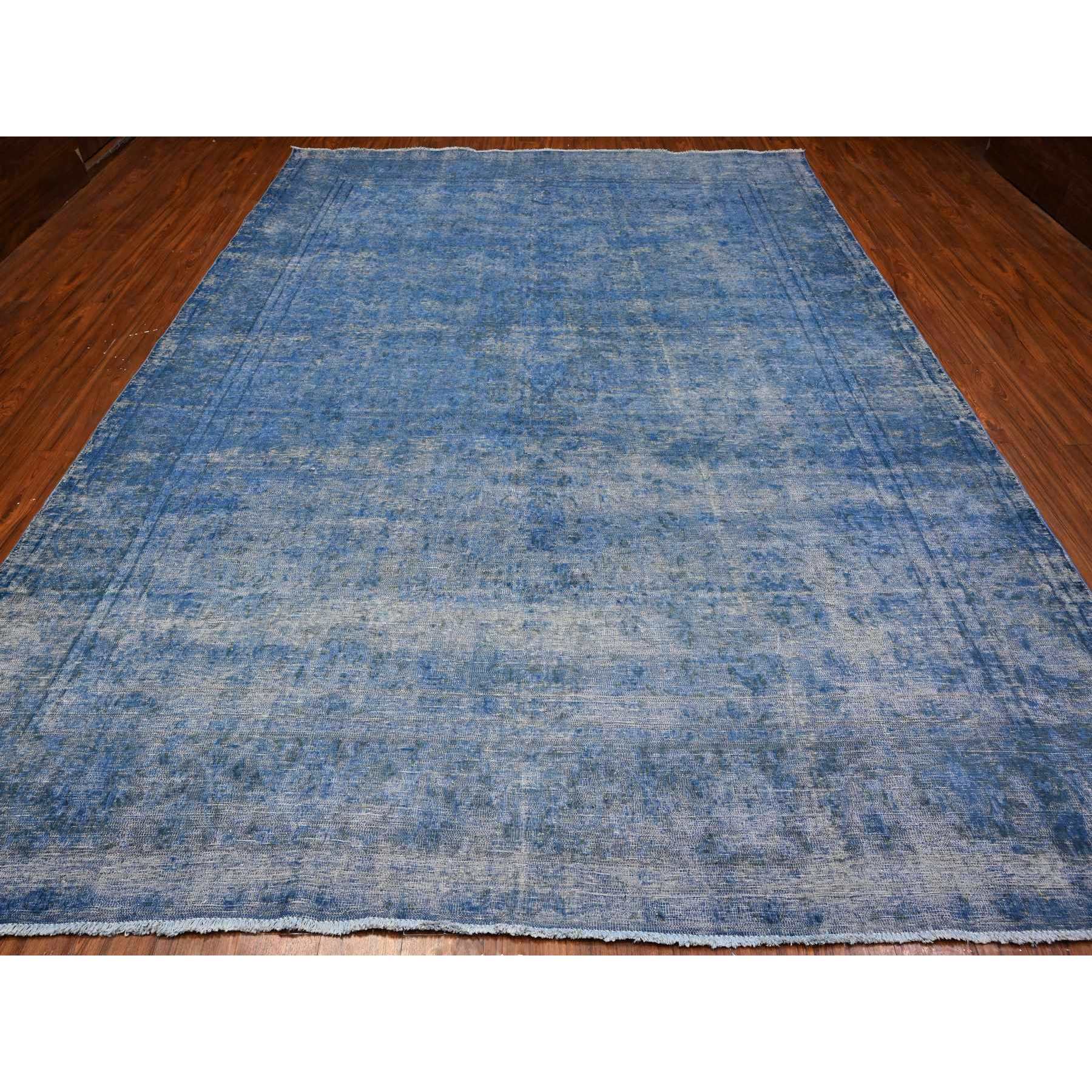 9'8"x12'10" Lowes Blue, Hand Knotted, Worn Pile, Pure Wool, Erased Design, Sheared Down, Sides And Ends Secured Professionally, Cleaned Vintage Persian Kerman, Oriental Rug Sh89453