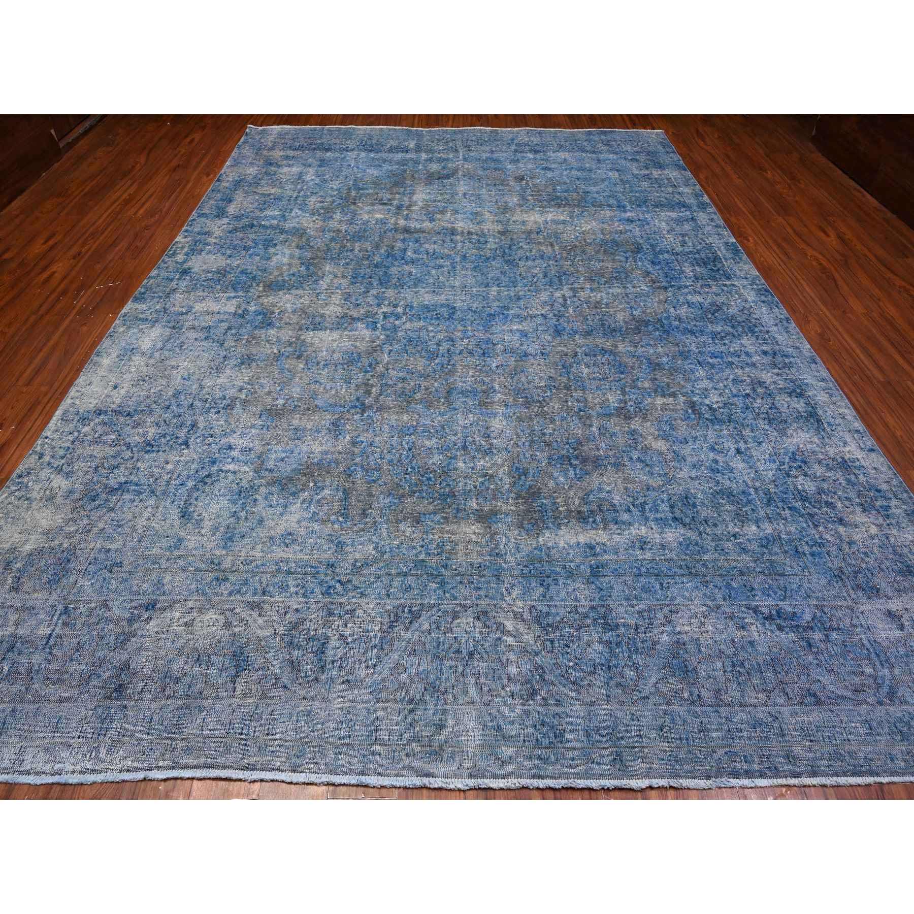 9'7"x13'1" Bayern Blue, Sheared Low Organic Wool, Hand Knotted, Overdyed Vintage Persian Kerman, Worn Pile, Sides Secured Professionally, Erased Design, Oriental Rug Sh89479
