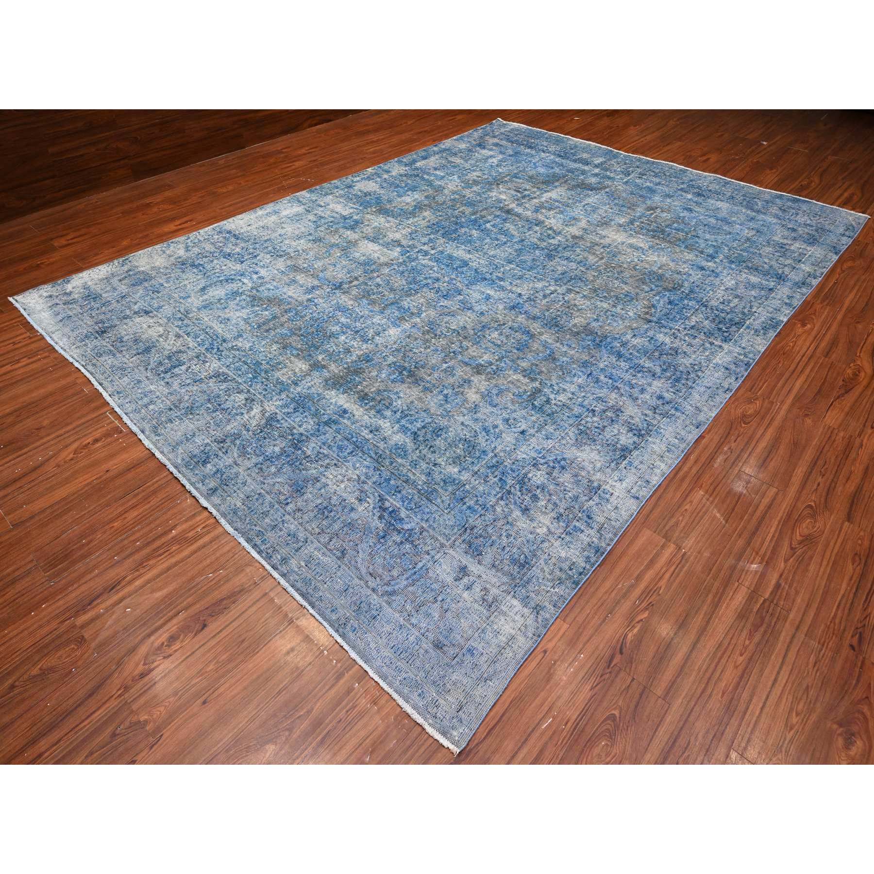 9'7"x13'1" Bayern Blue, Sheared Low Organic Wool, Hand Knotted, Overdyed Vintage Persian Kerman, Worn Pile, Sides Secured Professionally, Erased Design, Oriental Rug Sh89479