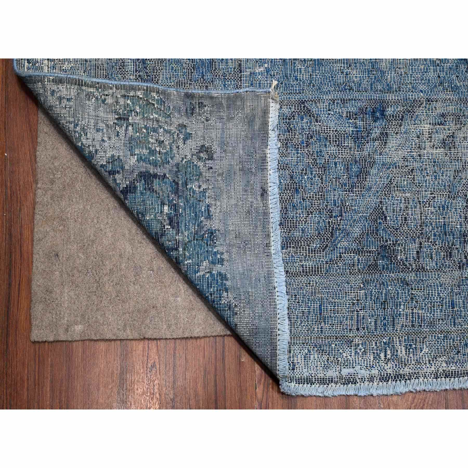 9'7"x13'1" Bayern Blue, Sheared Low Organic Wool, Hand Knotted, Overdyed Vintage Persian Kerman, Worn Pile, Sides Secured Professionally, Erased Design, Oriental Rug Sh89479