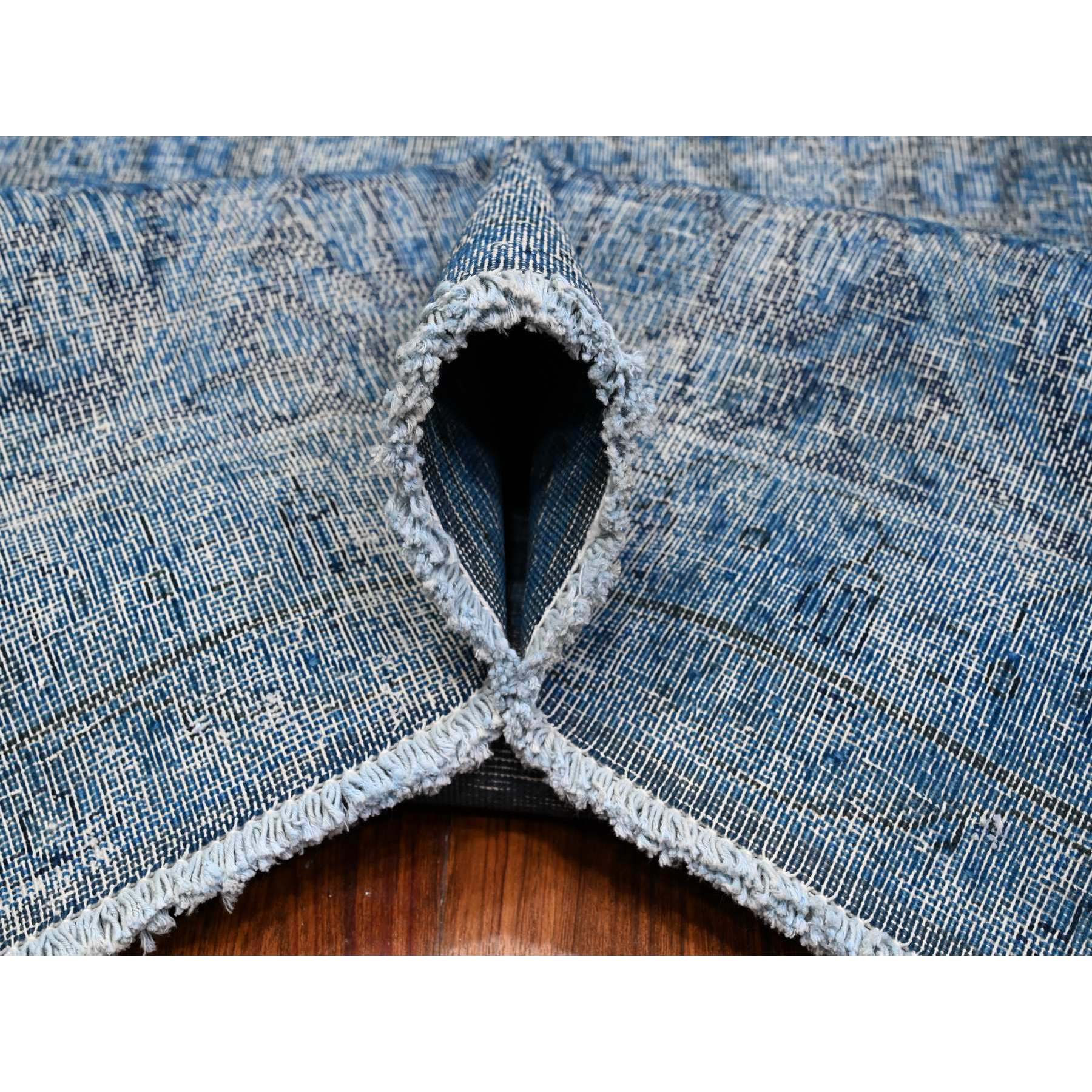 9'7"x13'1" Bayern Blue, Sheared Low Organic Wool, Hand Knotted, Overdyed Vintage Persian Kerman, Worn Pile, Sides Secured Professionally, Erased Design, Oriental Rug Sh89479