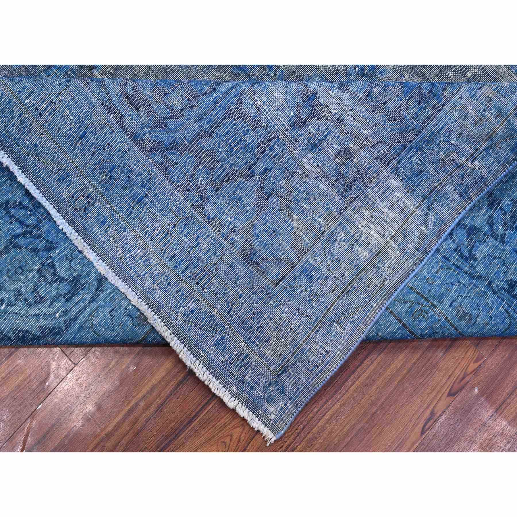 9'7"x13'1" Bayern Blue, Sheared Low Organic Wool, Hand Knotted, Overdyed Vintage Persian Kerman, Worn Pile, Sides Secured Professionally, Erased Design, Oriental Rug Sh89479