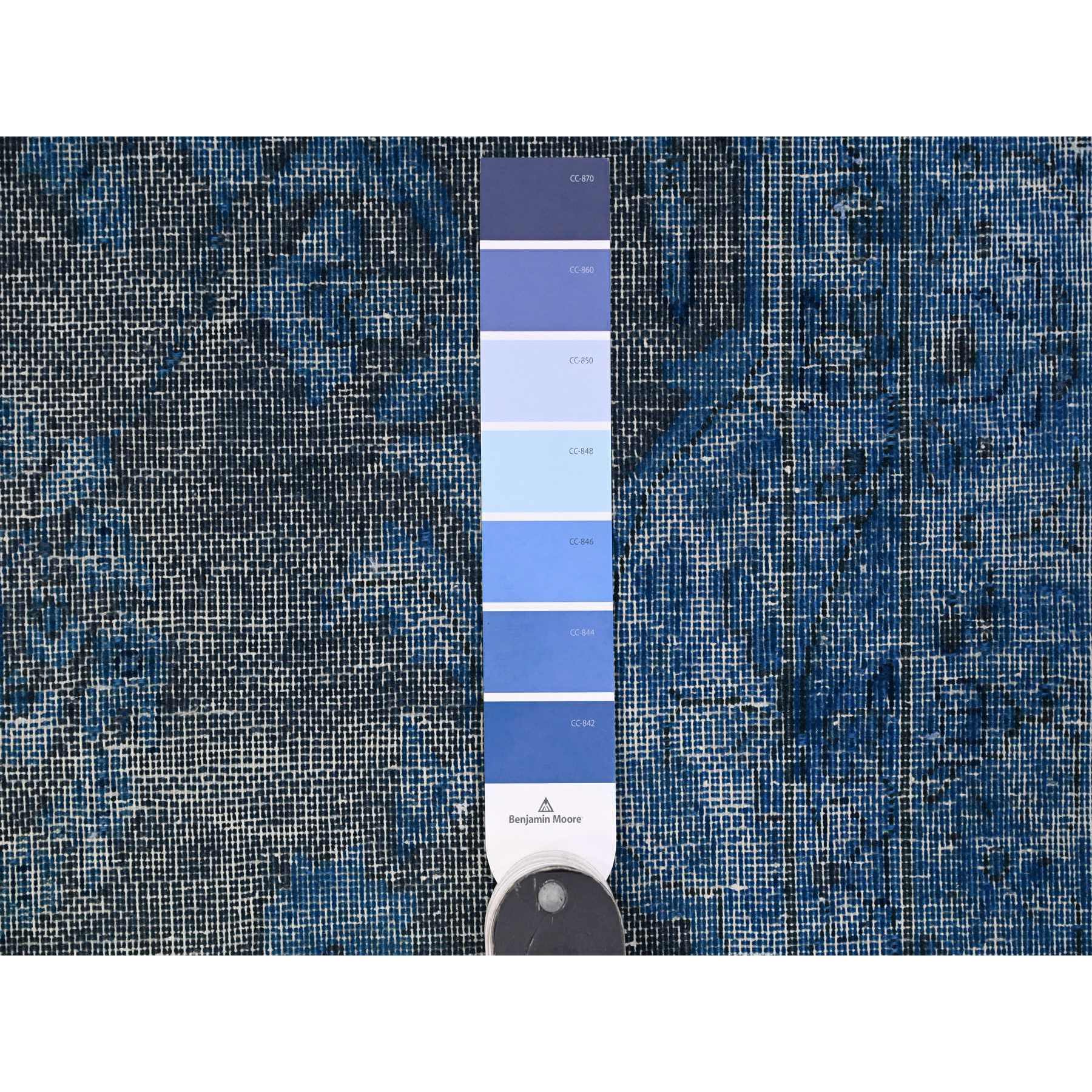 9'7"x13'1" Bayern Blue, Sheared Low Organic Wool, Hand Knotted, Overdyed Vintage Persian Kerman, Worn Pile, Sides Secured Professionally, Erased Design, Oriental Rug Sh89479