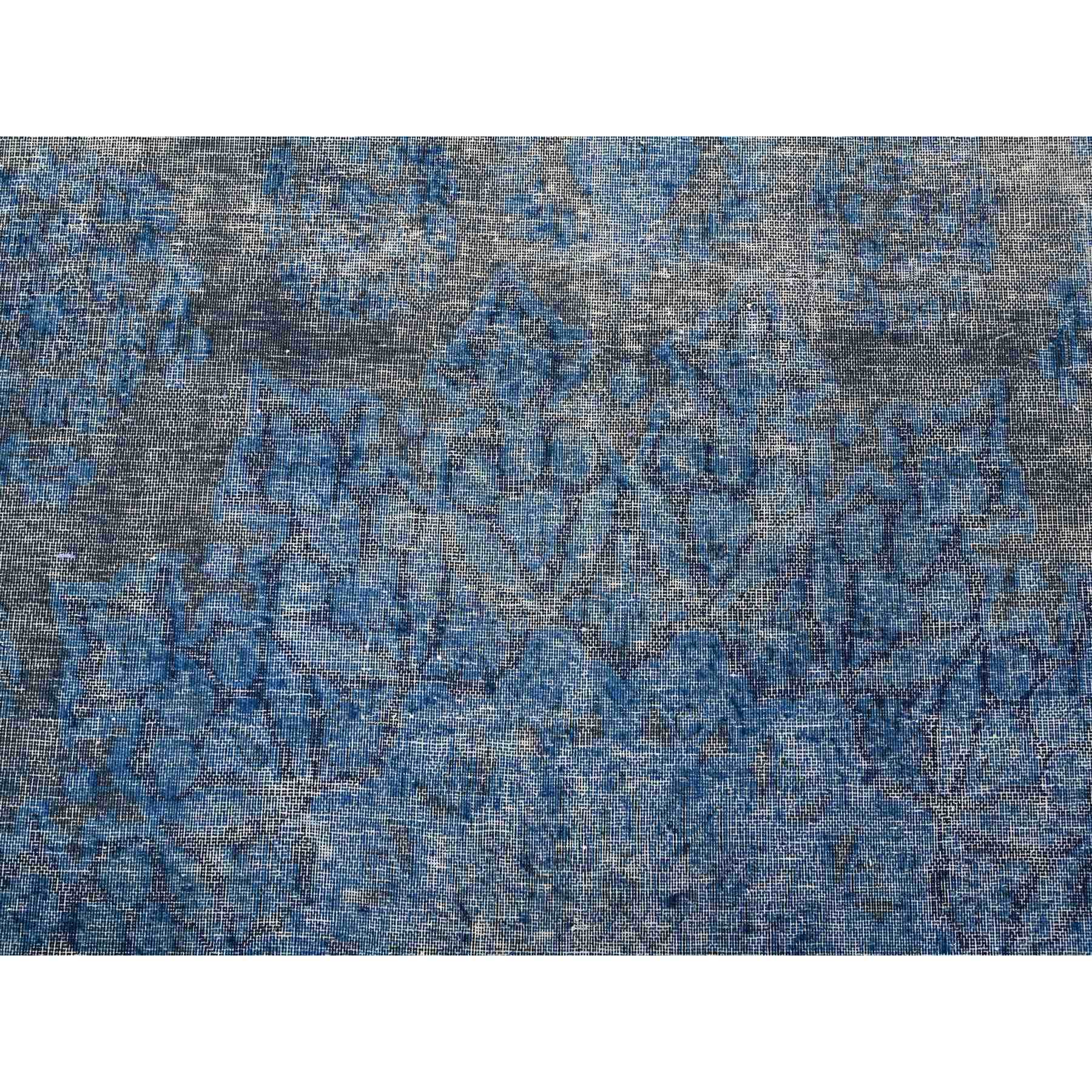 9'7"x13'1" Bayern Blue, Sheared Low Organic Wool, Hand Knotted, Overdyed Vintage Persian Kerman, Worn Pile, Sides Secured Professionally, Erased Design, Oriental Rug Sh89479