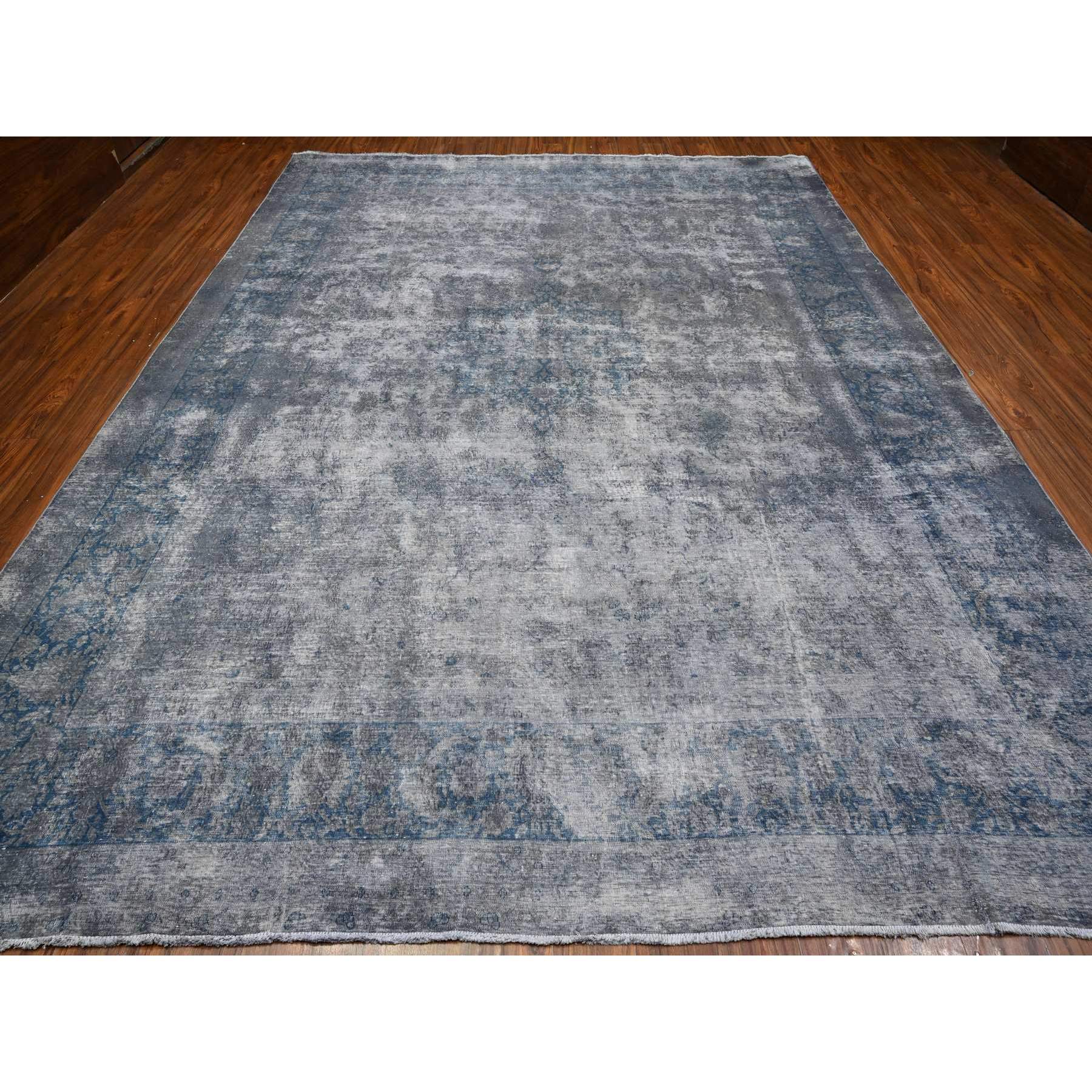 10'x13' Vintage Gray, Cropped Thin, Erased Medallions, Hand Knotted, All Wool Pile, Overdyed, Distressed And Worn Look, Vintage Persian Kerman, Clean And Soft, Oriental Rug Sh89480