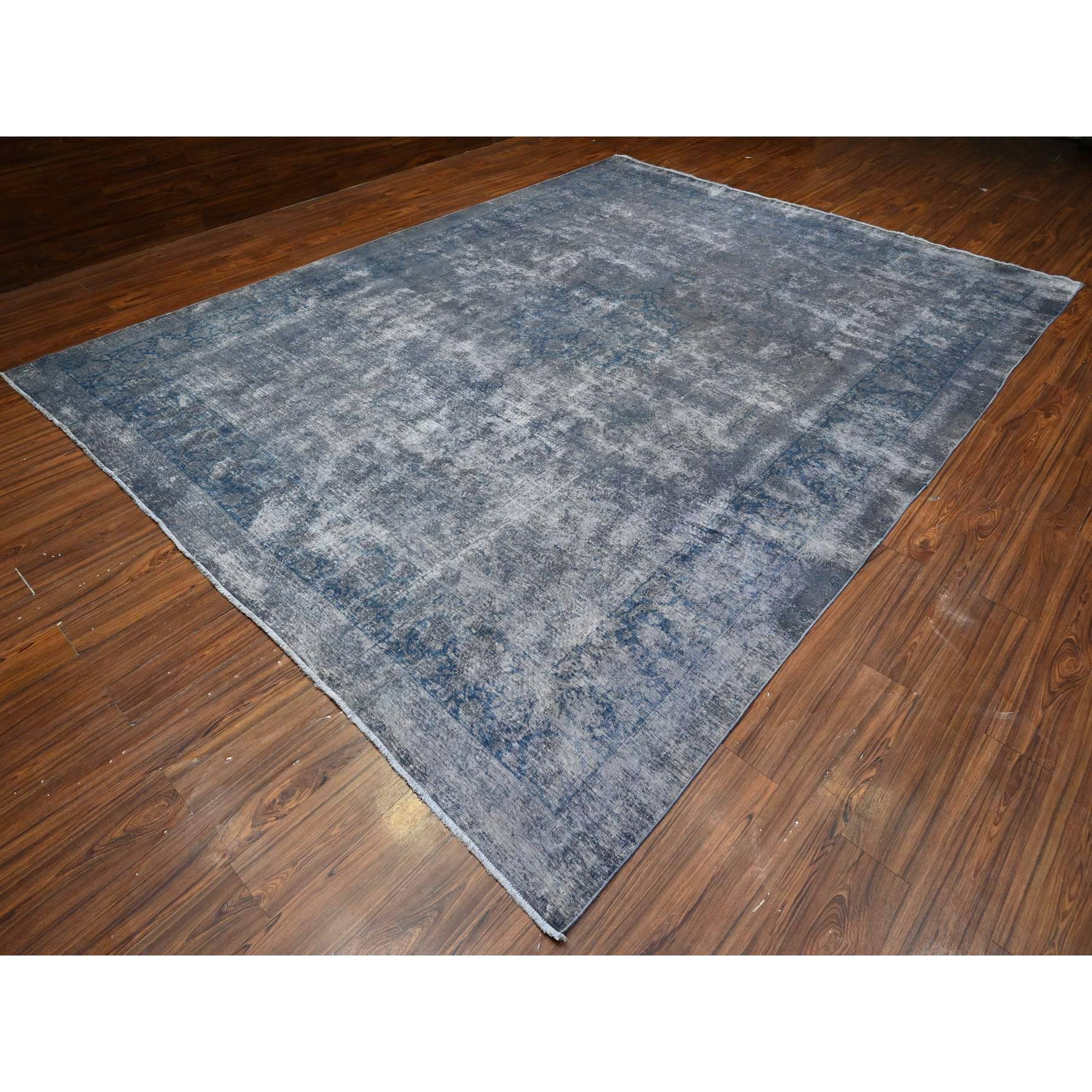 10'x13' Vintage Gray, Cropped Thin, Erased Medallions, Hand Knotted, All Wool Pile, Overdyed, Distressed And Worn Look, Vintage Persian Kerman, Clean And Soft, Oriental Rug Sh89480
