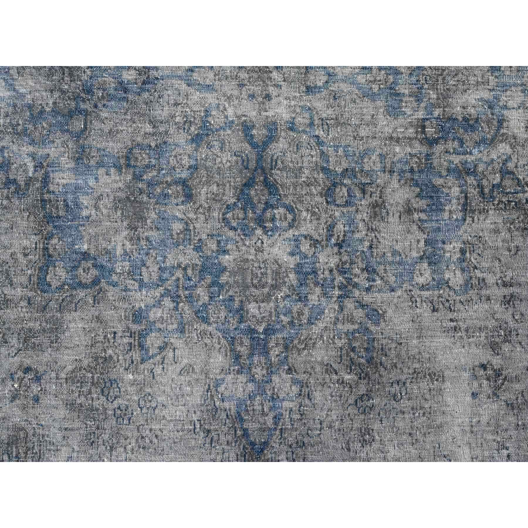 10'x13' Vintage Gray, Cropped Thin, Erased Medallions, Hand Knotted, All Wool Pile, Overdyed, Distressed And Worn Look, Vintage Persian Kerman, Clean And Soft, Oriental Rug Sh89480