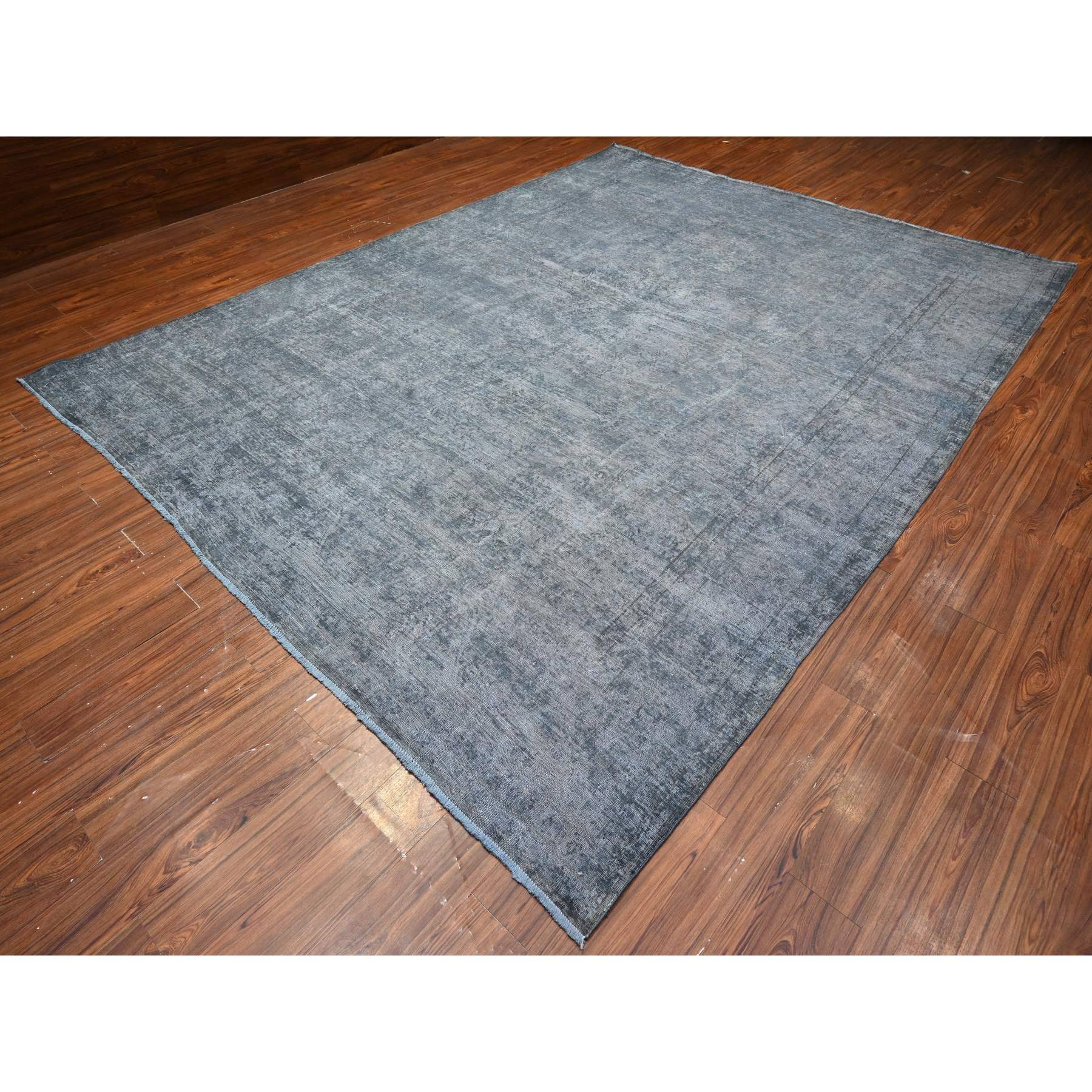 9'6"x12'5" Dim Gray, Worn Out And Distressed, Overdyed, Hand Knotted Vintage Persian Kerman, Pure And Soft Wool, Ends Secured And Cleaned, Broken Design, Oriental Rug Sh89481