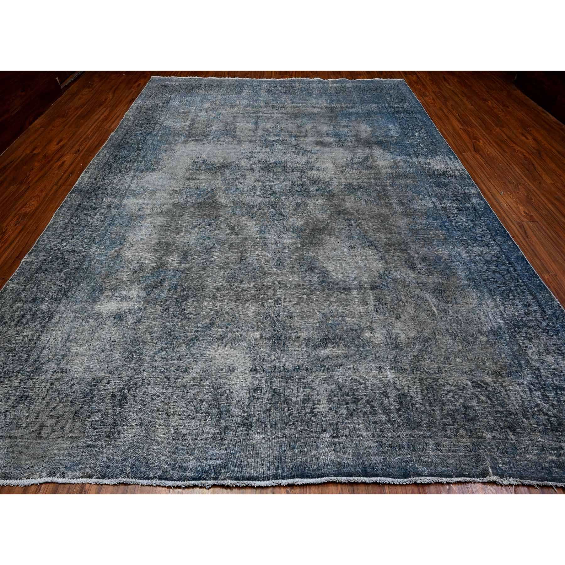 9'8"x13'3" Jet Gray, Cropped Thin Vintage Persian Kerman, Sides And Edges Secured, Cleaned Soft Wool, Distressed Feel, Hand Knotted Oriental Rug Sh89543