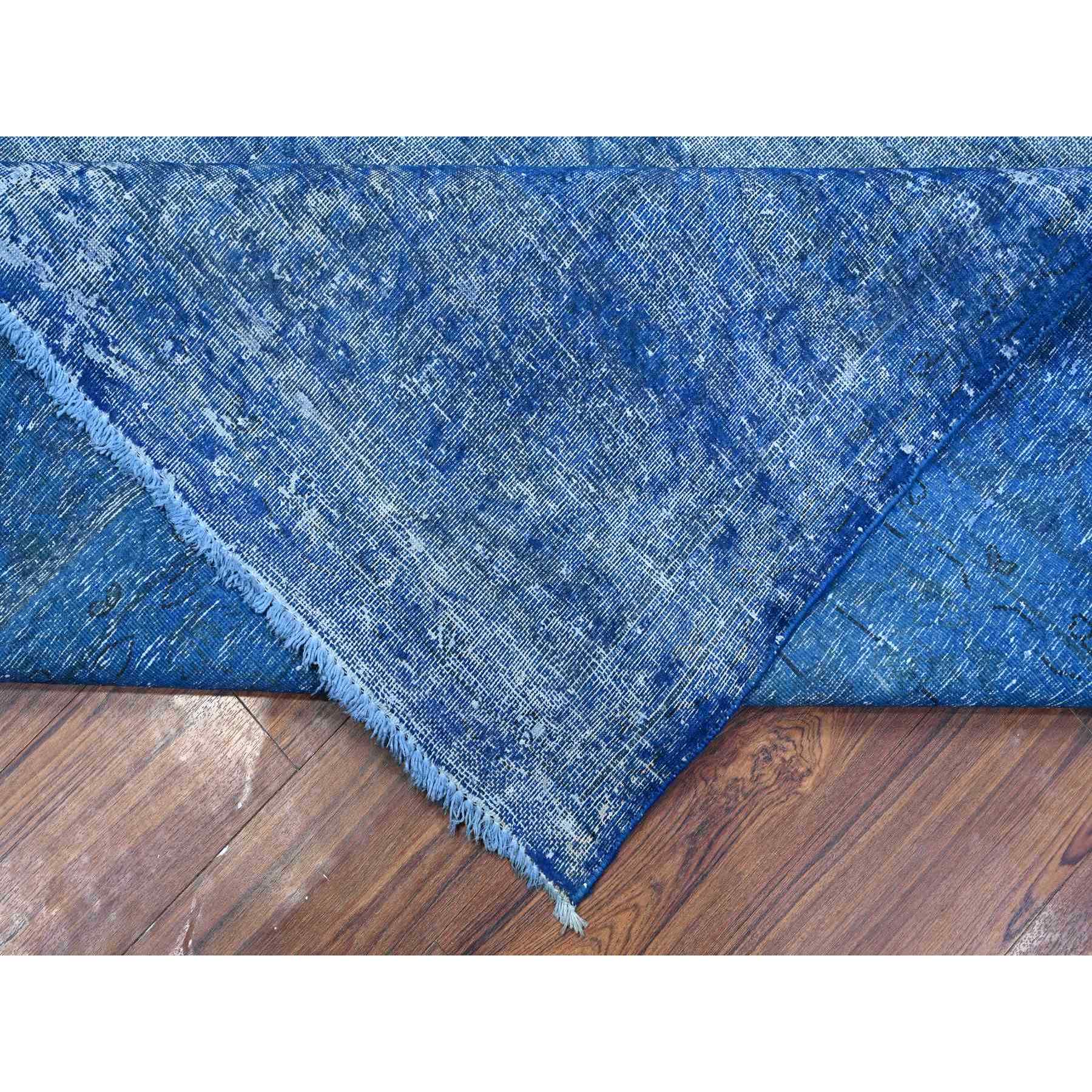 9'5"x12'7" Mavericks Blue, Distressed Vintage Persian Kerman, Cropped Thin, Organic Wool, Worn Pile, Hand Knotted, Sides And Ends Secured Professionally, Overdyed, Broken Design, Oriental Rug Sh89654
