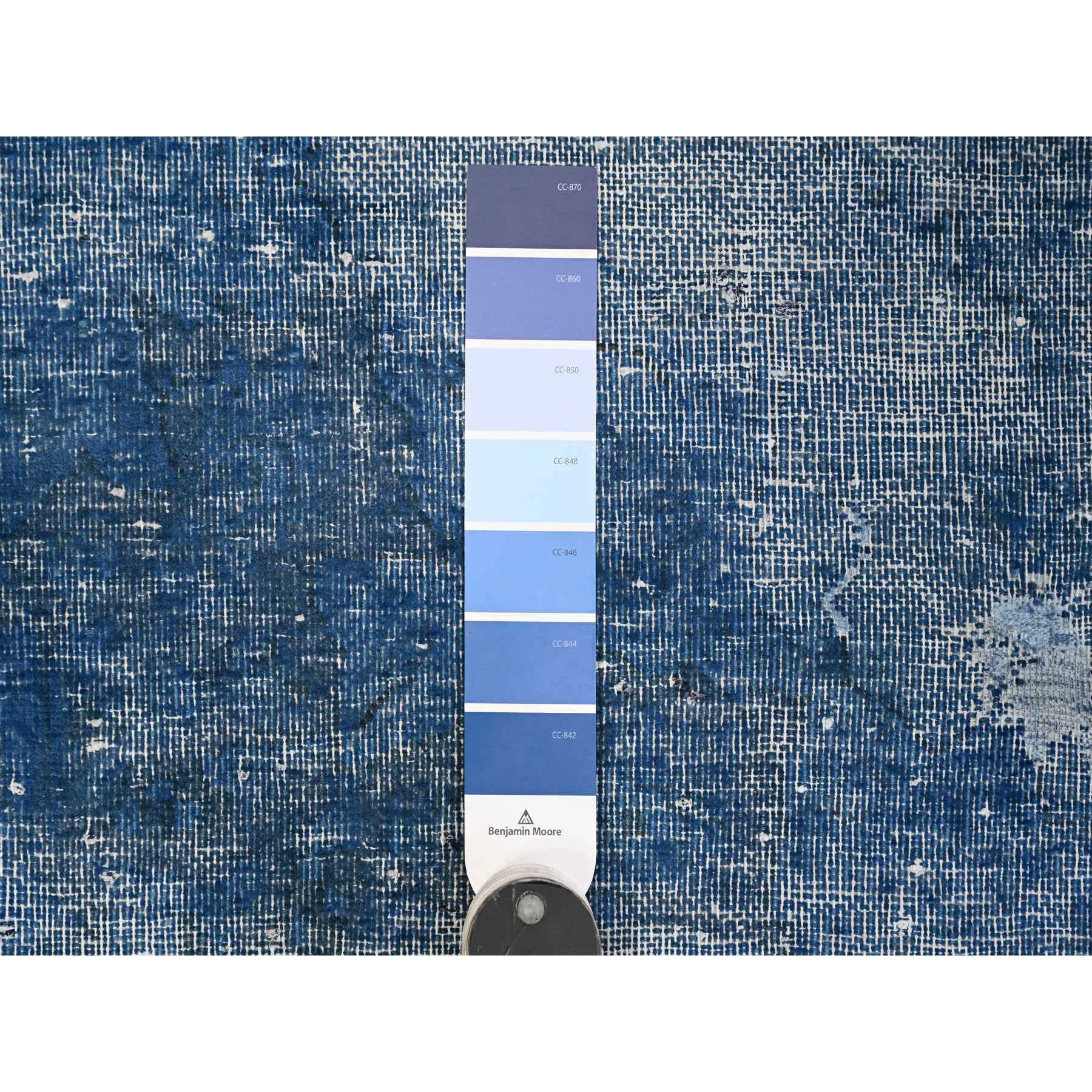 9'5"x12'7" Mavericks Blue, Distressed Vintage Persian Kerman, Cropped Thin, Organic Wool, Worn Pile, Hand Knotted, Sides And Ends Secured Professionally, Overdyed, Broken Design, Oriental Rug Sh89654