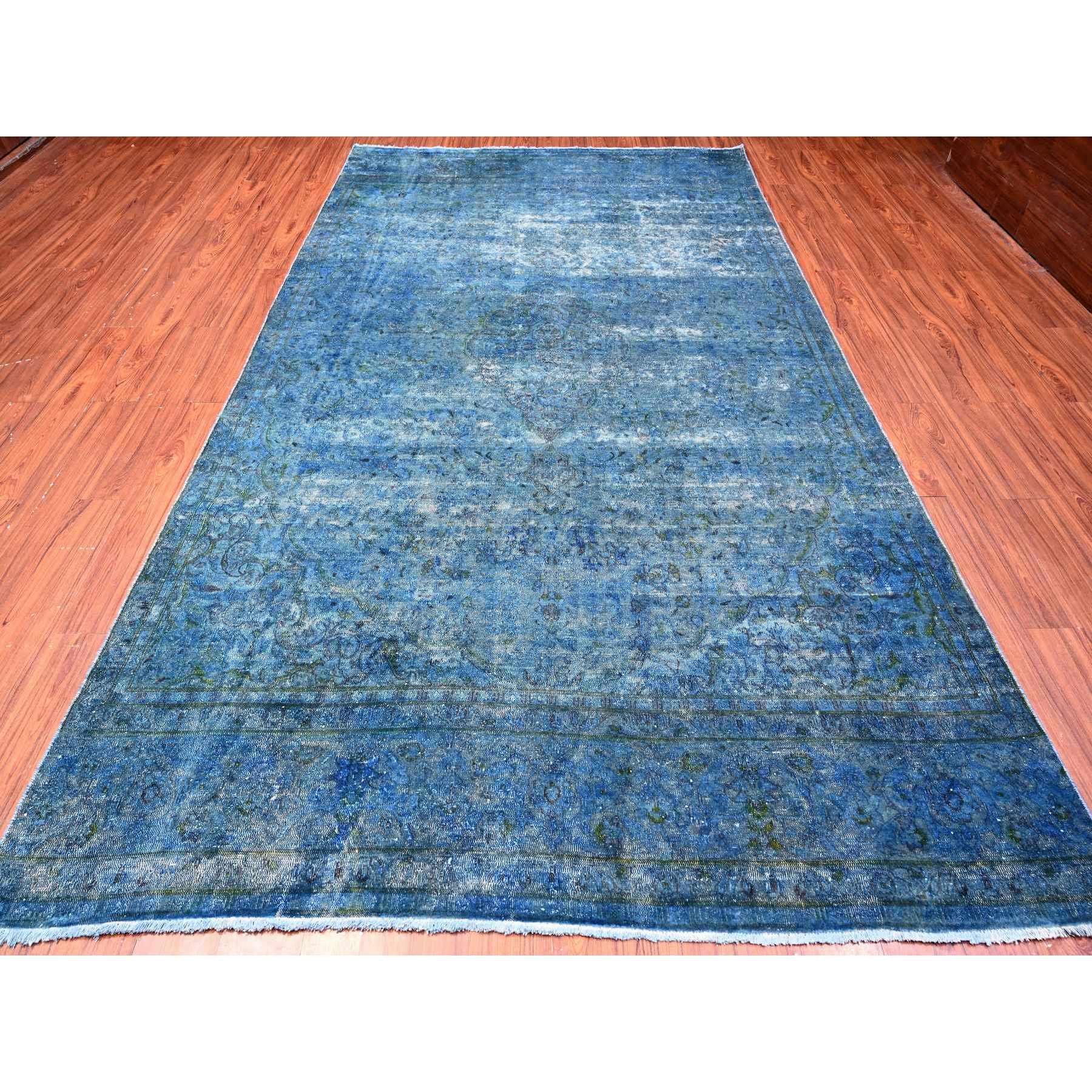 7'2"x12'5" Cobalt Blue, Sides And Ends Secured Professionally, Sheared Down, Soft And Shiny Wool, Hand Knotted, Overdyed, Erased, Vintage Persian Kerman, Long Gallery Size Oriental Rug Sh89725