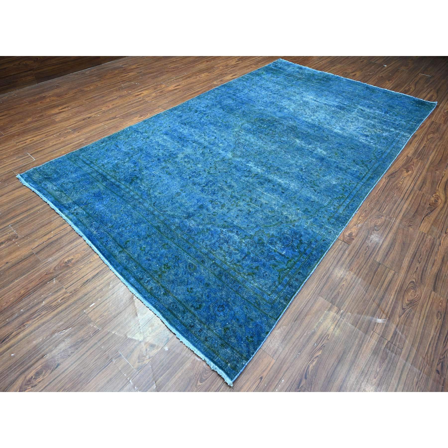 7'2"x12'5" Cobalt Blue, Sides And Ends Secured Professionally, Sheared Down, Soft And Shiny Wool, Hand Knotted, Overdyed, Erased, Vintage Persian Kerman, Long Gallery Size Oriental Rug Sh89725