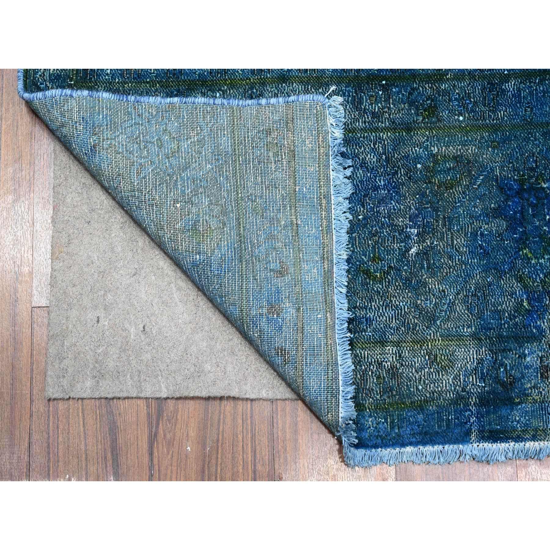 7'2"x12'5" Cobalt Blue, Sides And Ends Secured Professionally, Sheared Down, Soft And Shiny Wool, Hand Knotted, Overdyed, Erased, Vintage Persian Kerman, Long Gallery Size Oriental Rug Sh89725