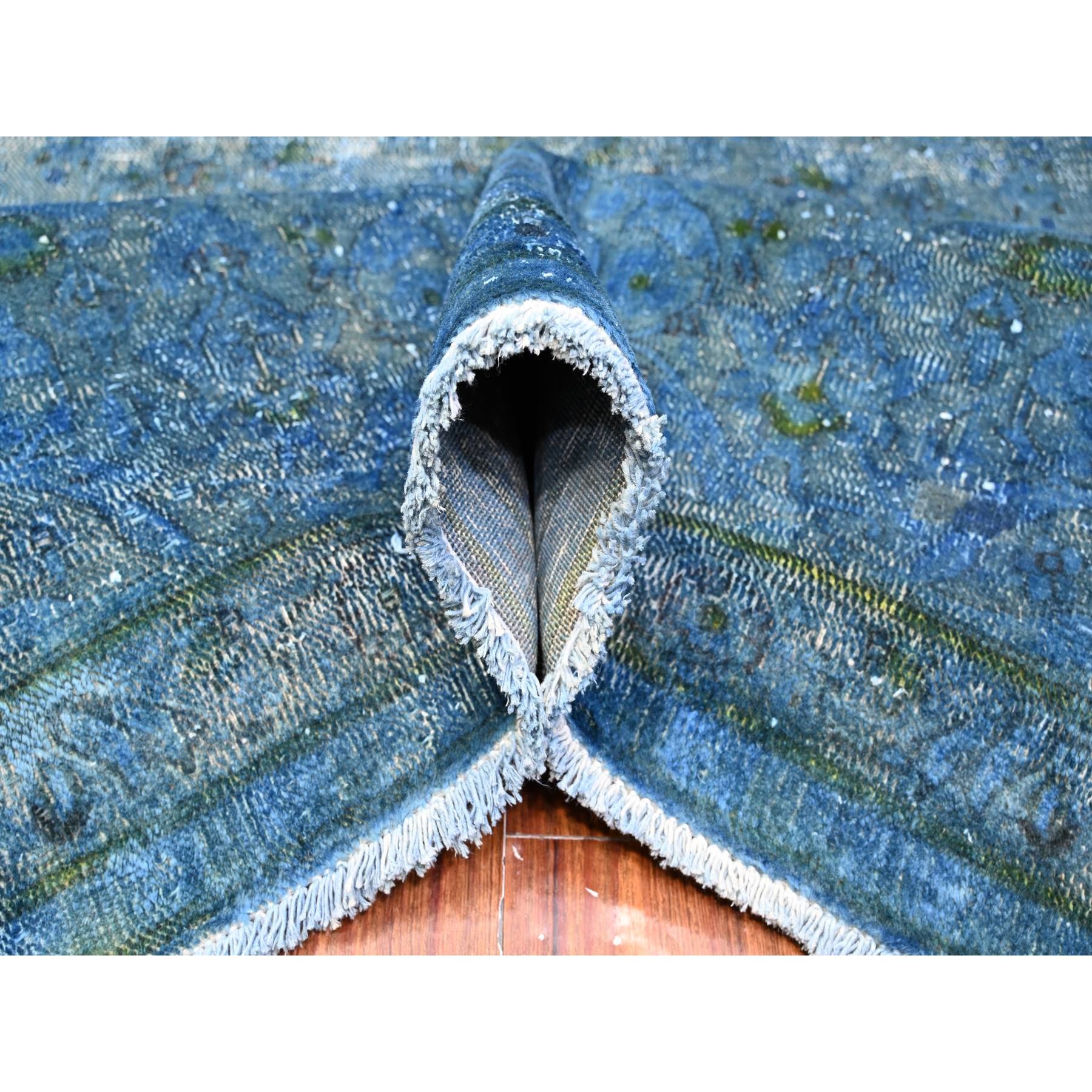7'2"x12'5" Cobalt Blue, Sides And Ends Secured Professionally, Sheared Down, Soft And Shiny Wool, Hand Knotted, Overdyed, Erased, Vintage Persian Kerman, Long Gallery Size Oriental Rug Sh89725