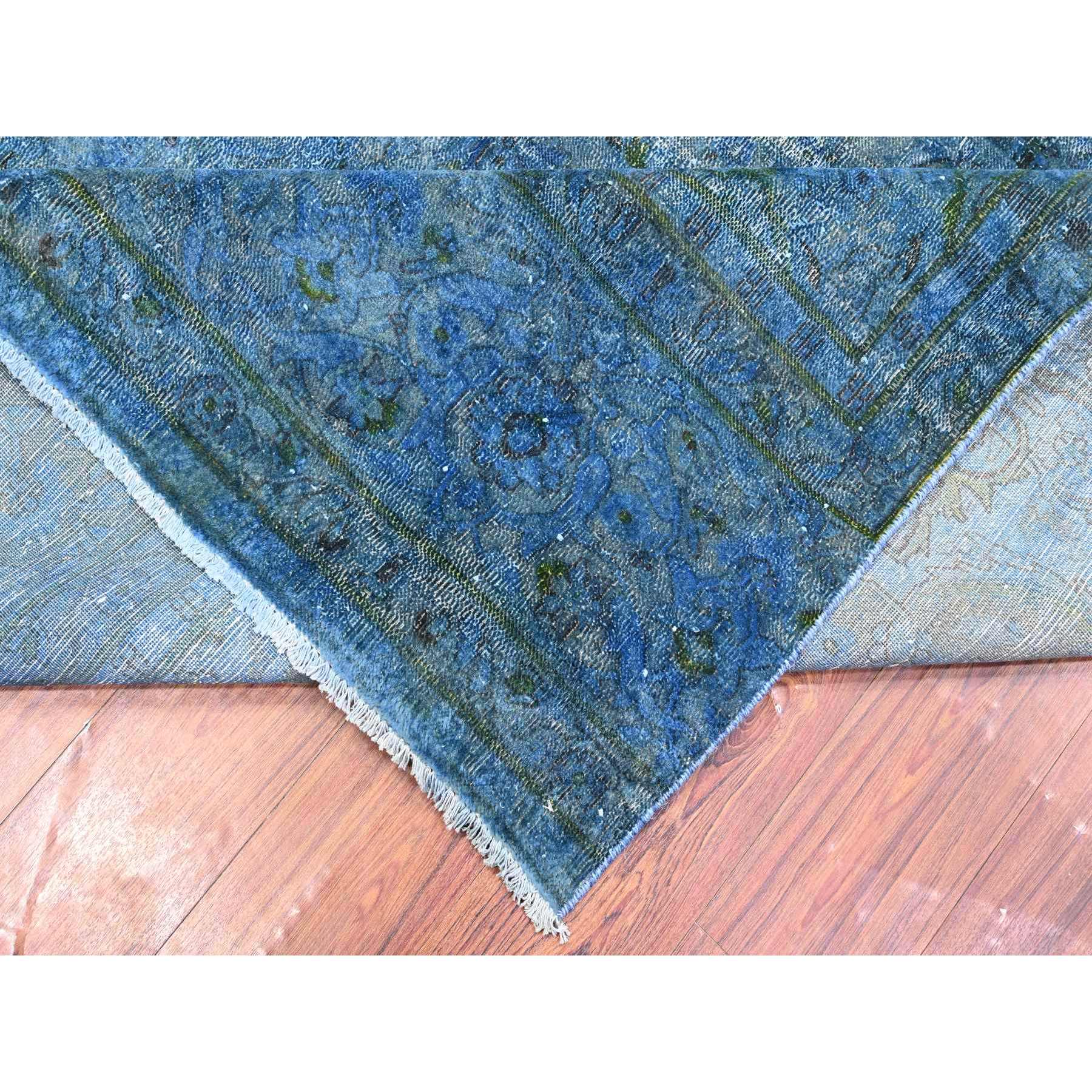7'2"x12'5" Cobalt Blue, Sides And Ends Secured Professionally, Sheared Down, Soft And Shiny Wool, Hand Knotted, Overdyed, Erased, Vintage Persian Kerman, Long Gallery Size Oriental Rug Sh89725
