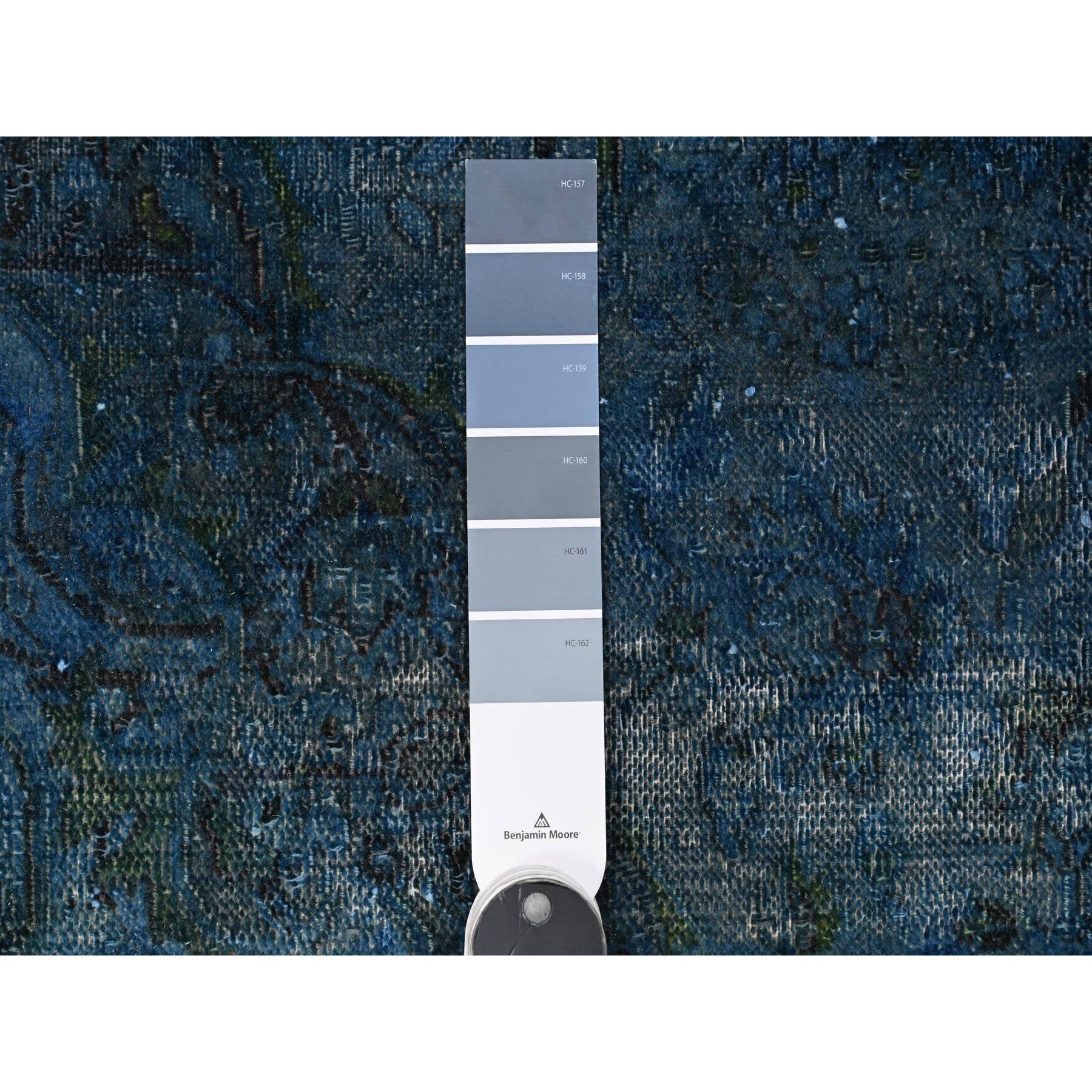 7'2"x12'5" Cobalt Blue, Sides And Ends Secured Professionally, Sheared Down, Soft And Shiny Wool, Hand Knotted, Overdyed, Erased, Vintage Persian Kerman, Long Gallery Size Oriental Rug Sh89725