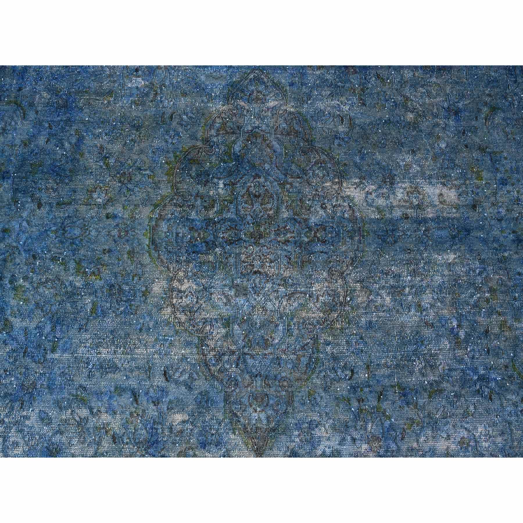 7'2"x12'5" Cobalt Blue, Sides And Ends Secured Professionally, Sheared Down, Soft And Shiny Wool, Hand Knotted, Overdyed, Erased, Vintage Persian Kerman, Long Gallery Size Oriental Rug Sh89725