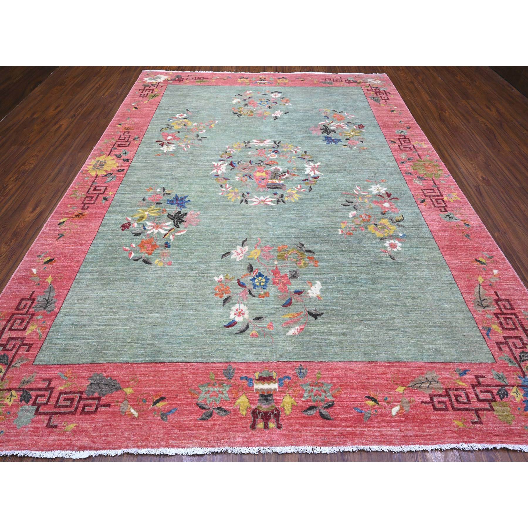 9'x11'9" Pistachio Green, Chinese Art Deco Revival, 100% Wool, Hand Knotted, Oriental Rug Sh89735