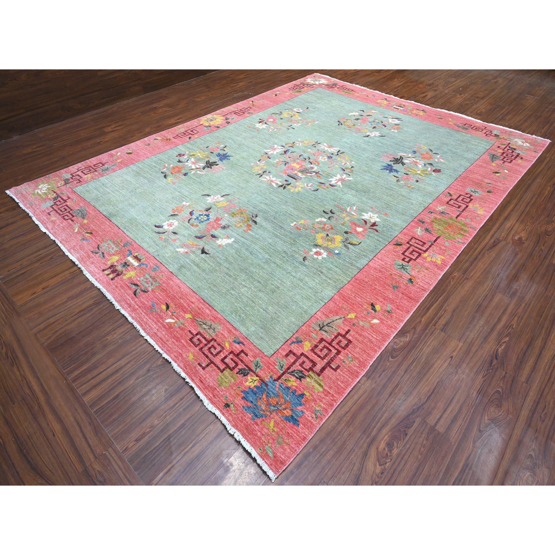 9'x11'9" Pistachio Green, Chinese Art Deco Revival, 100% Wool, Hand Knotted, Oriental Rug Sh89735