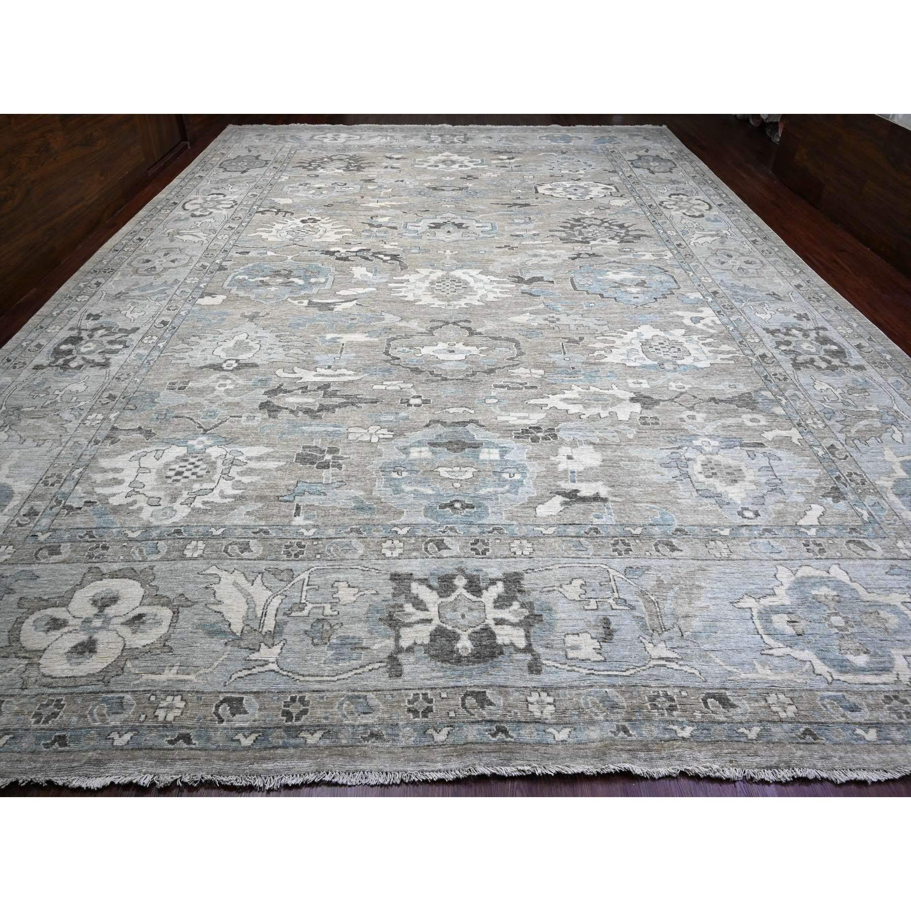 14'2"x18'10" Medium Gray, Hand Knotted, Afghan Angora Oushak with All Over Leaf Design, Natural Dyes, 100% Wool, Oversized, Oriental Rug Sh89737