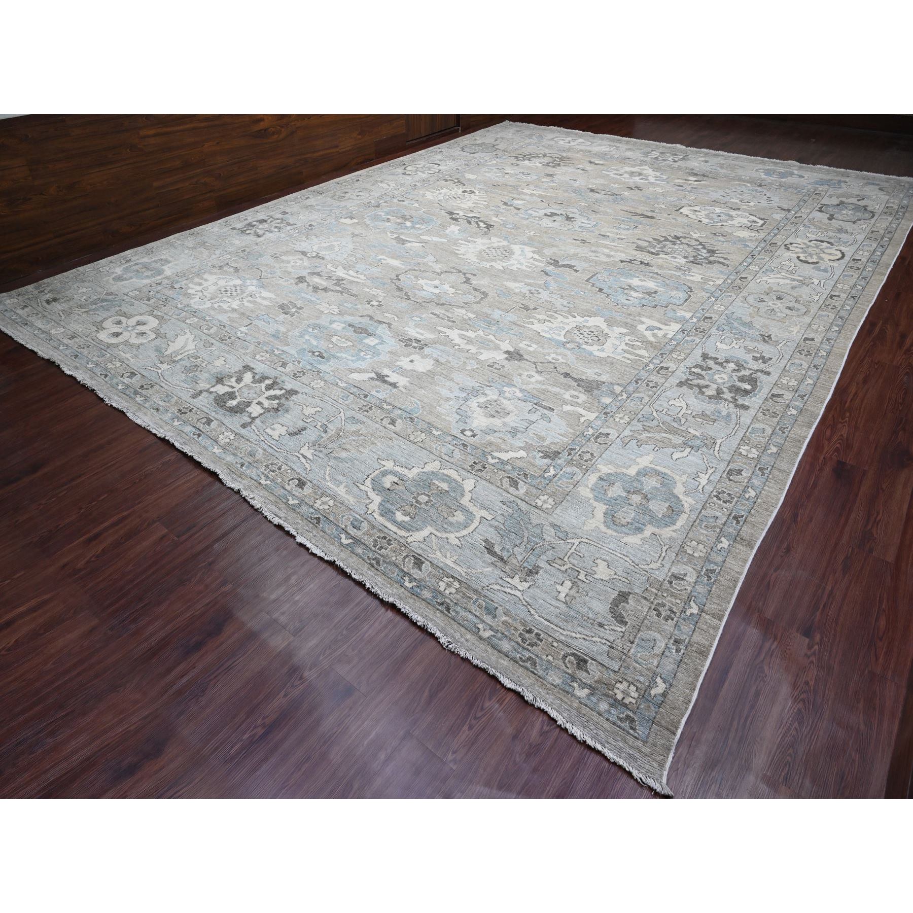 14'2"x18'10" Medium Gray, Hand Knotted, Afghan Angora Oushak with All Over Leaf Design, Natural Dyes, 100% Wool, Oversized, Oriental Rug Sh89737