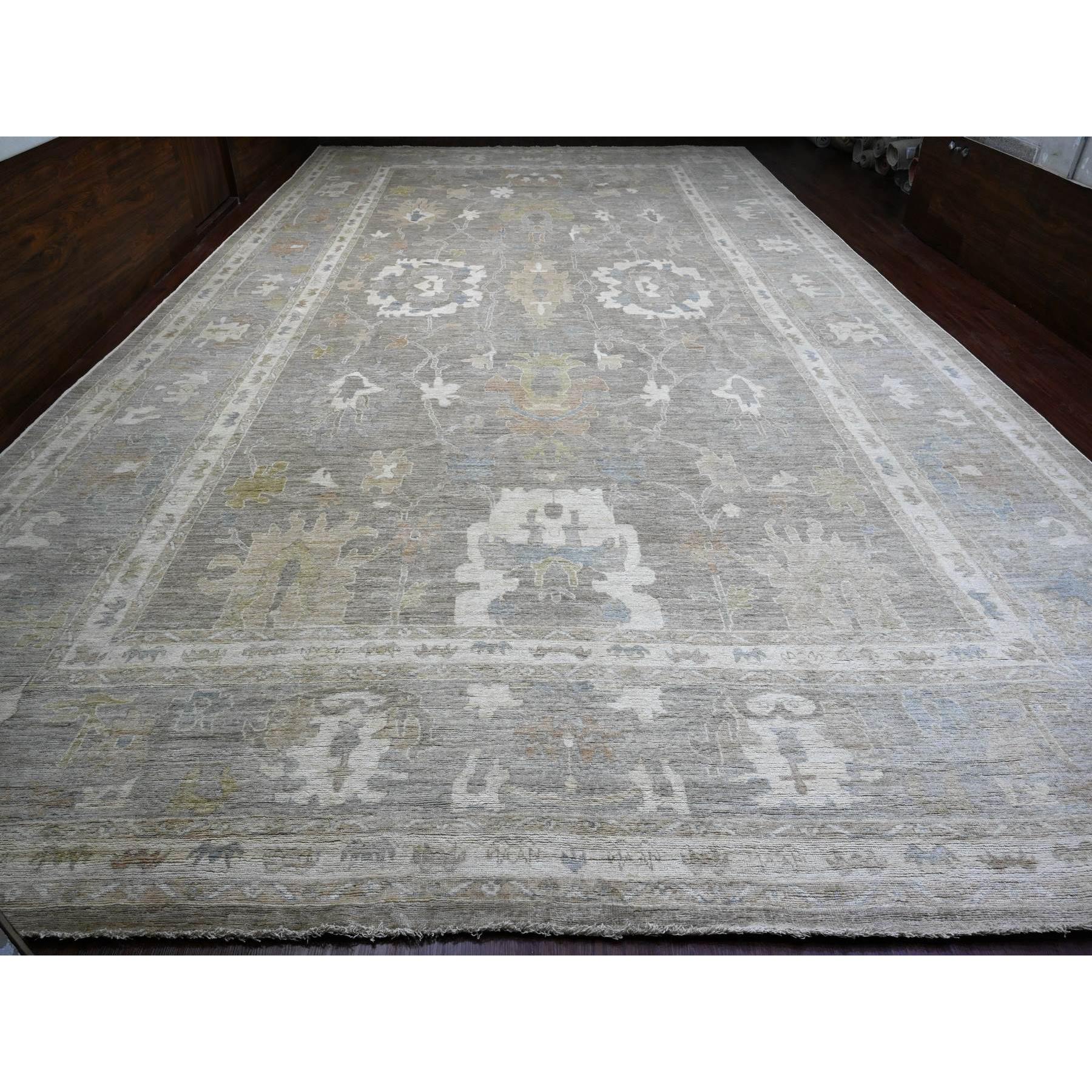 14'x23'3" Mocha Brown, 100% Wool, Afghan Angora Oushak with Large Leaf Design, Vegetable Dyes, Hand Knotted, Oversized, Oriental Rug Sh89740