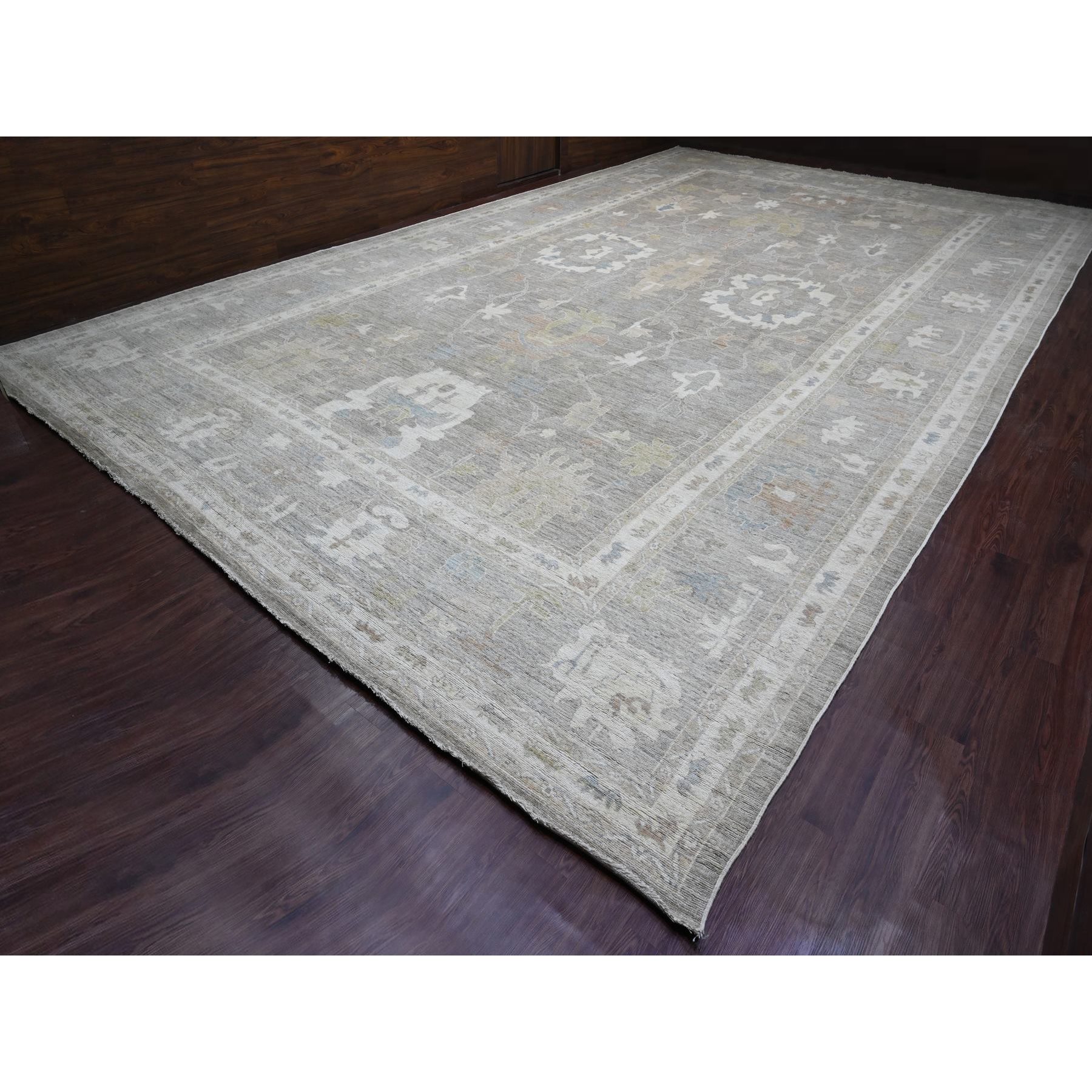 14'x23'3" Mocha Brown, 100% Wool, Afghan Angora Oushak with Large Leaf Design, Vegetable Dyes, Hand Knotted, Oversized, Oriental Rug Sh89740