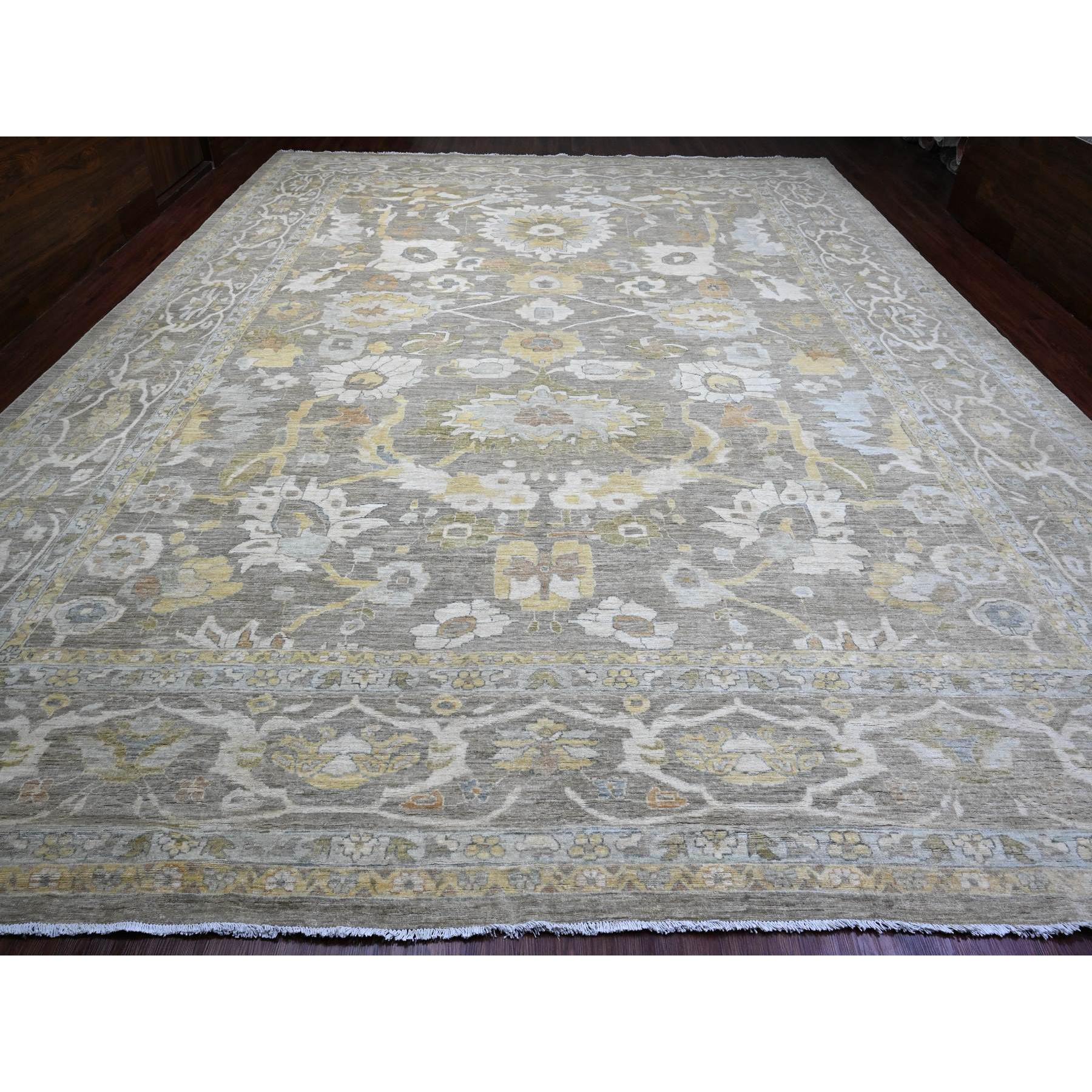 13'10"x17'1" Nevada Gray with Touches of Gold, Peshawar with Ziegler Mahal All Over Design, High Mountain Wool, Vegetable Dyes, Hand Knotted, Oversized, Oriental Rug Sh89741