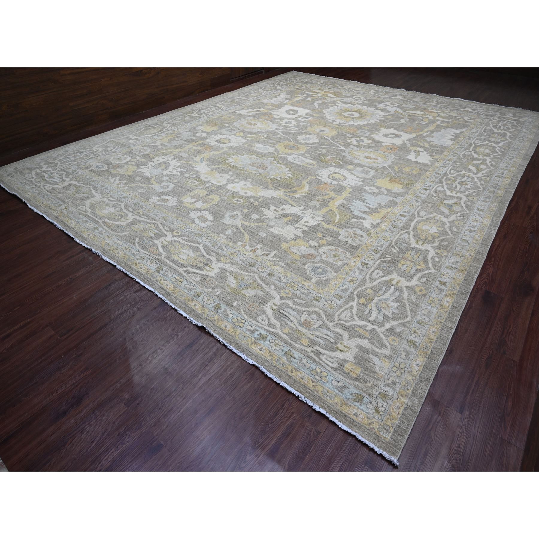 13'10"x17'1" Nevada Gray with Touches of Gold, Peshawar with Ziegler Mahal All Over Design, High Mountain Wool, Vegetable Dyes, Hand Knotted, Oversized, Oriental Rug Sh89741