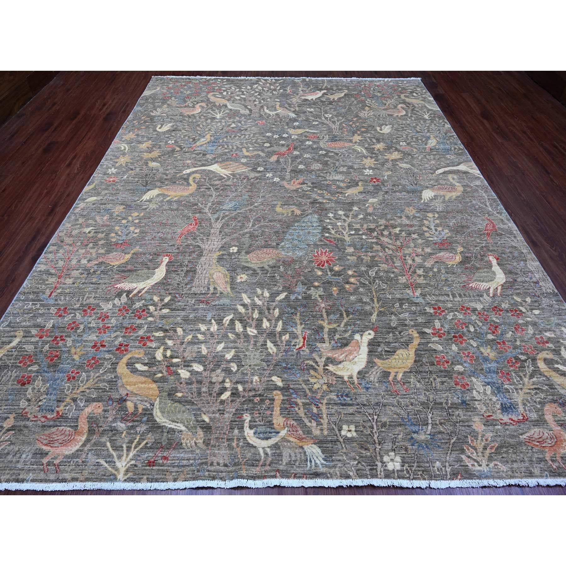 9'1"x11'9" Nickel Gray, Afghan Peshawar with Birds of Paradise Design, Hand Knotted, Soft Wool, Vegetable Dyes, Oriental Rug Sh89744