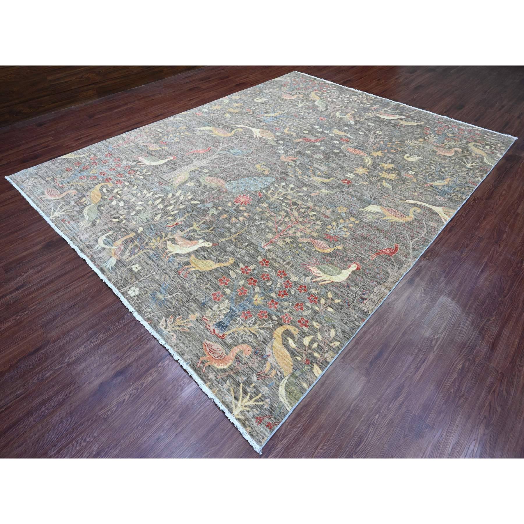9'1"x11'9" Nickel Gray, Afghan Peshawar with Birds of Paradise Design, Hand Knotted, Soft Wool, Vegetable Dyes, Oriental Rug Sh89744