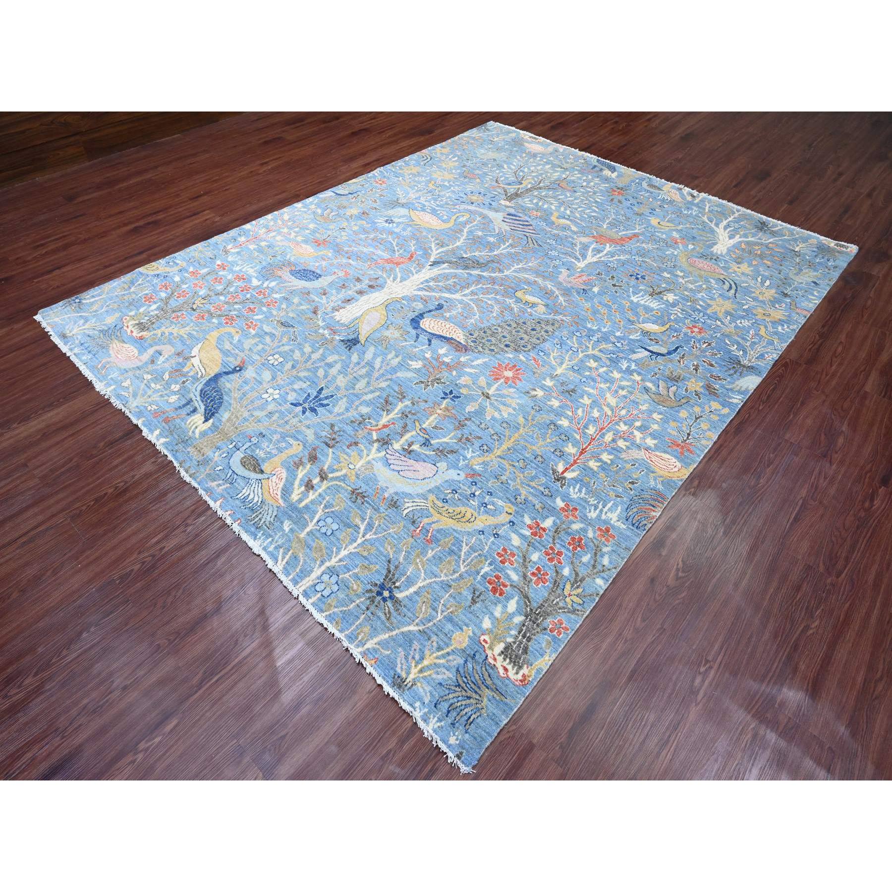 8'x10'1" Yonder Blue, Afghan Peshawar with Birds of Paradise Design, Hand Knotted, Natural Dyes, Soft Wool, Oriental Rug Sh89754