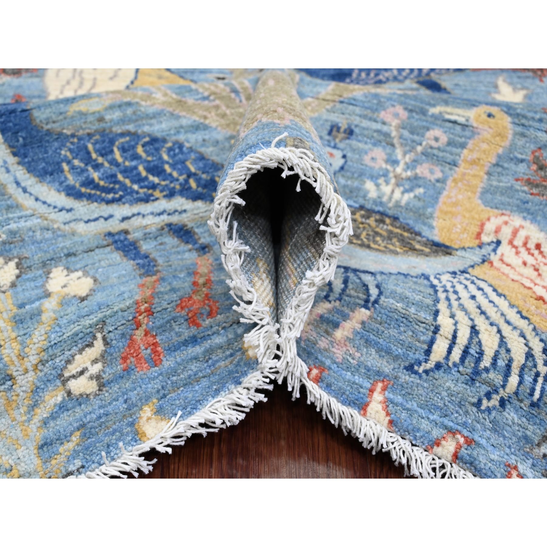 8'x10'1" Yonder Blue, Afghan Peshawar with Birds of Paradise Design, Hand Knotted, Natural Dyes, Soft Wool, Oriental Rug Sh89754