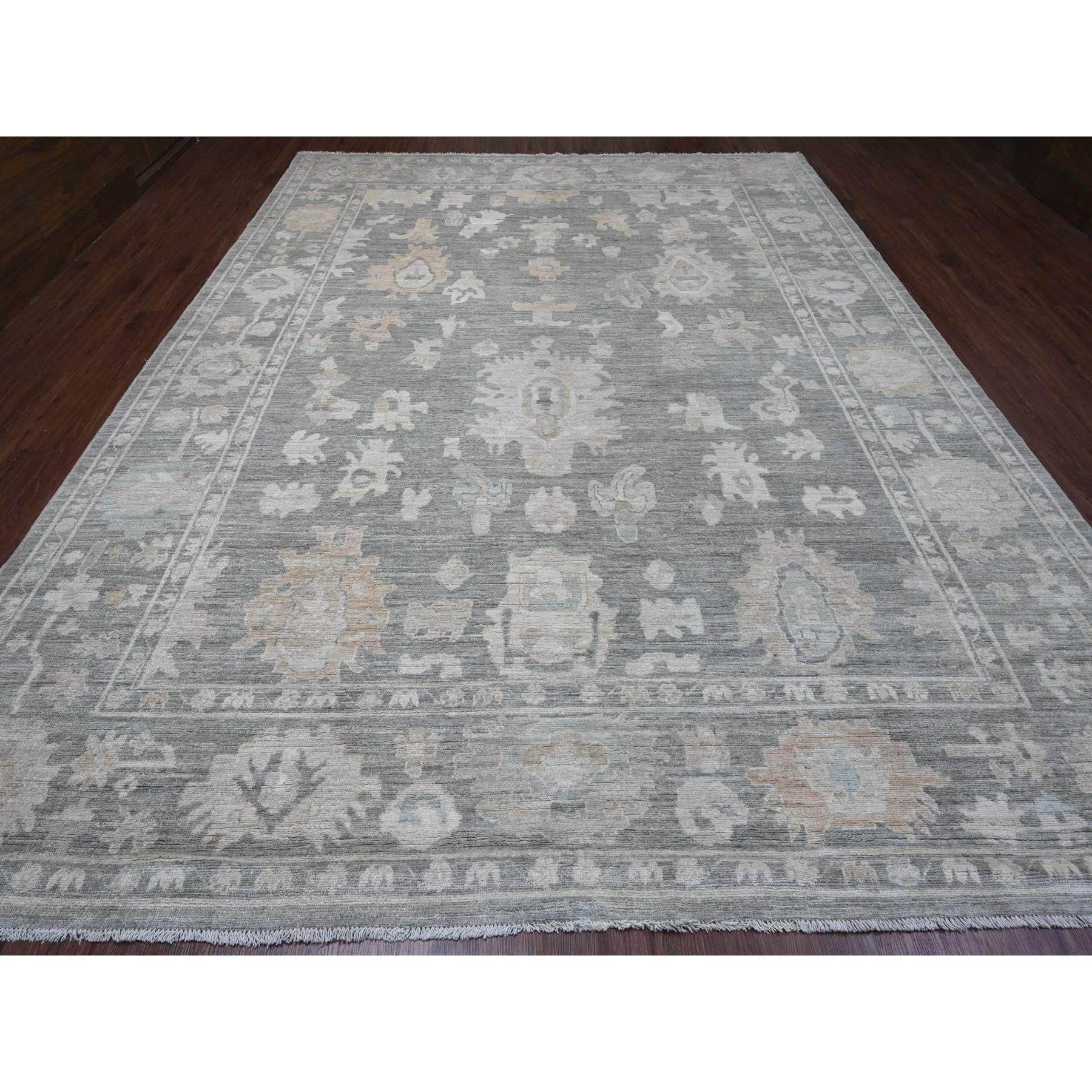 10'4"x13'9" Spanish Gray, Afghan Angora Oushak with All Over Leaf Design, Natural Dyes, Pure Wool, Hand Knotted, Oriental Rug Sh89755