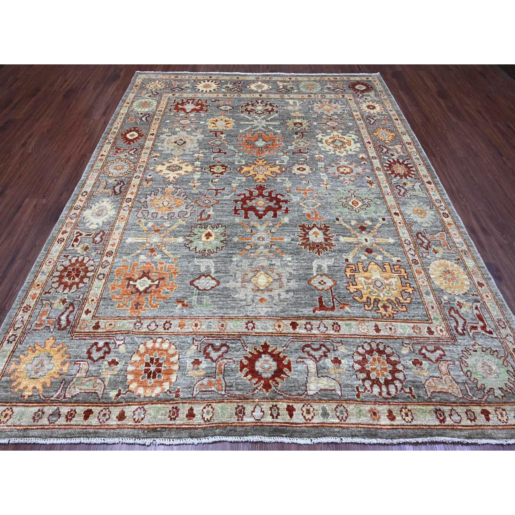 7'10"x9'9" Pewter Gray, 100% Wool,Afghan Angora Oushak with Geometric Leaf Design, Vegetable Dyes, Hand Knotted, Oriental Rug Sh89759