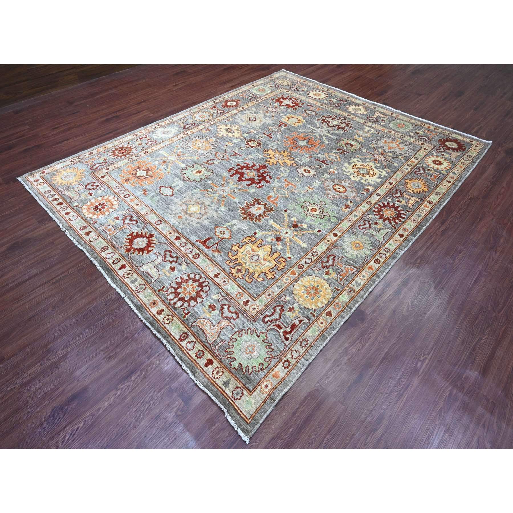 7'10"x9'9" Pewter Gray, 100% Wool,Afghan Angora Oushak with Geometric Leaf Design, Vegetable Dyes, Hand Knotted, Oriental Rug Sh89759