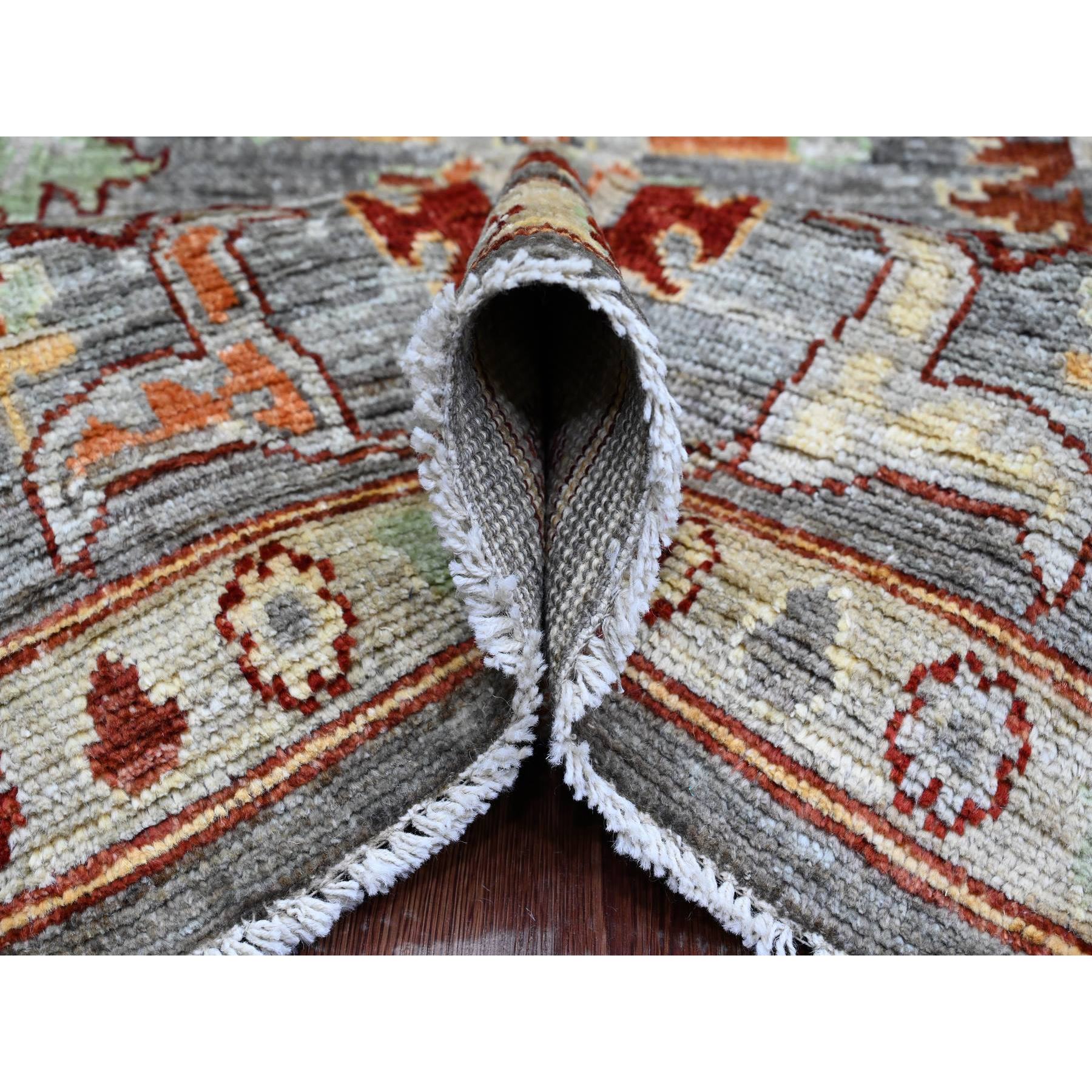 7'10"x9'9" Pewter Gray, 100% Wool,Afghan Angora Oushak with Geometric Leaf Design, Vegetable Dyes, Hand Knotted, Oriental Rug Sh89759