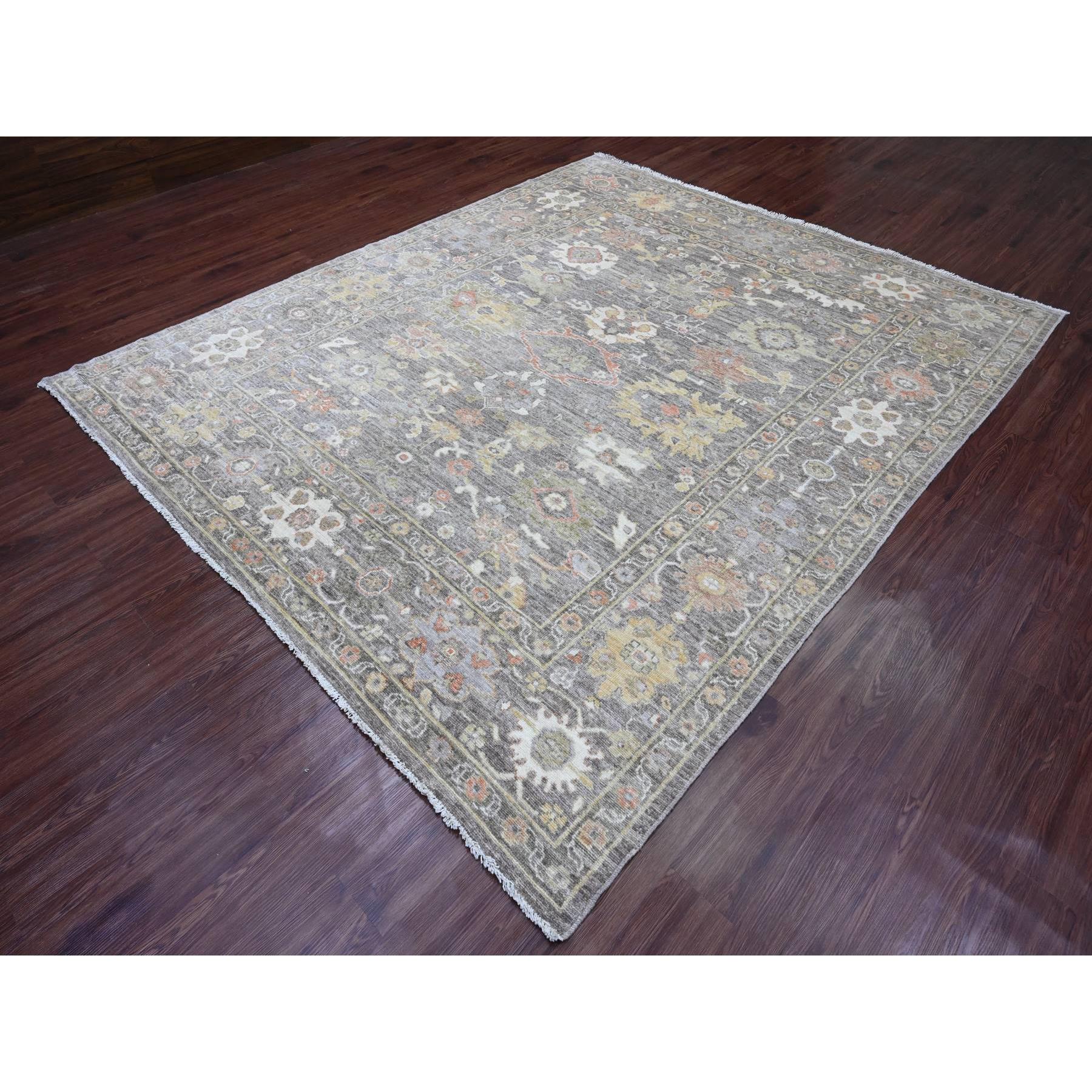 8'1"x9'8" Cedar Brown, Pure Wool, Afghan Angora Oushak with Colorful Leaf Design, Vegetable Dyes, Hand Knotted, Oriental Rug Sh89765