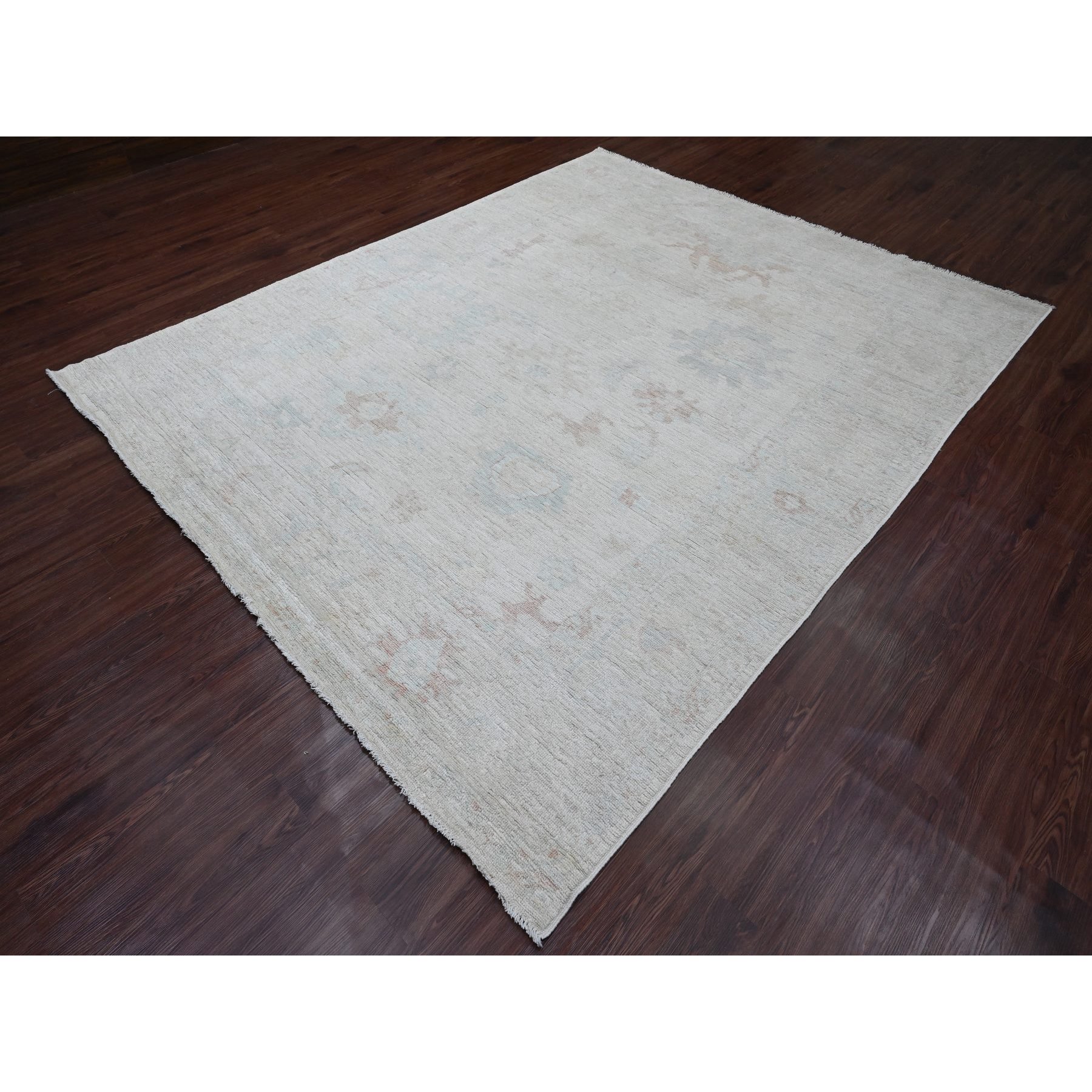 8'x9'7" Misty Gray, Afghan Angora Oushak with Leaf Design, Natural Dyes, Pure Wool, Hand Knotted, Oriental Rug Sh89766