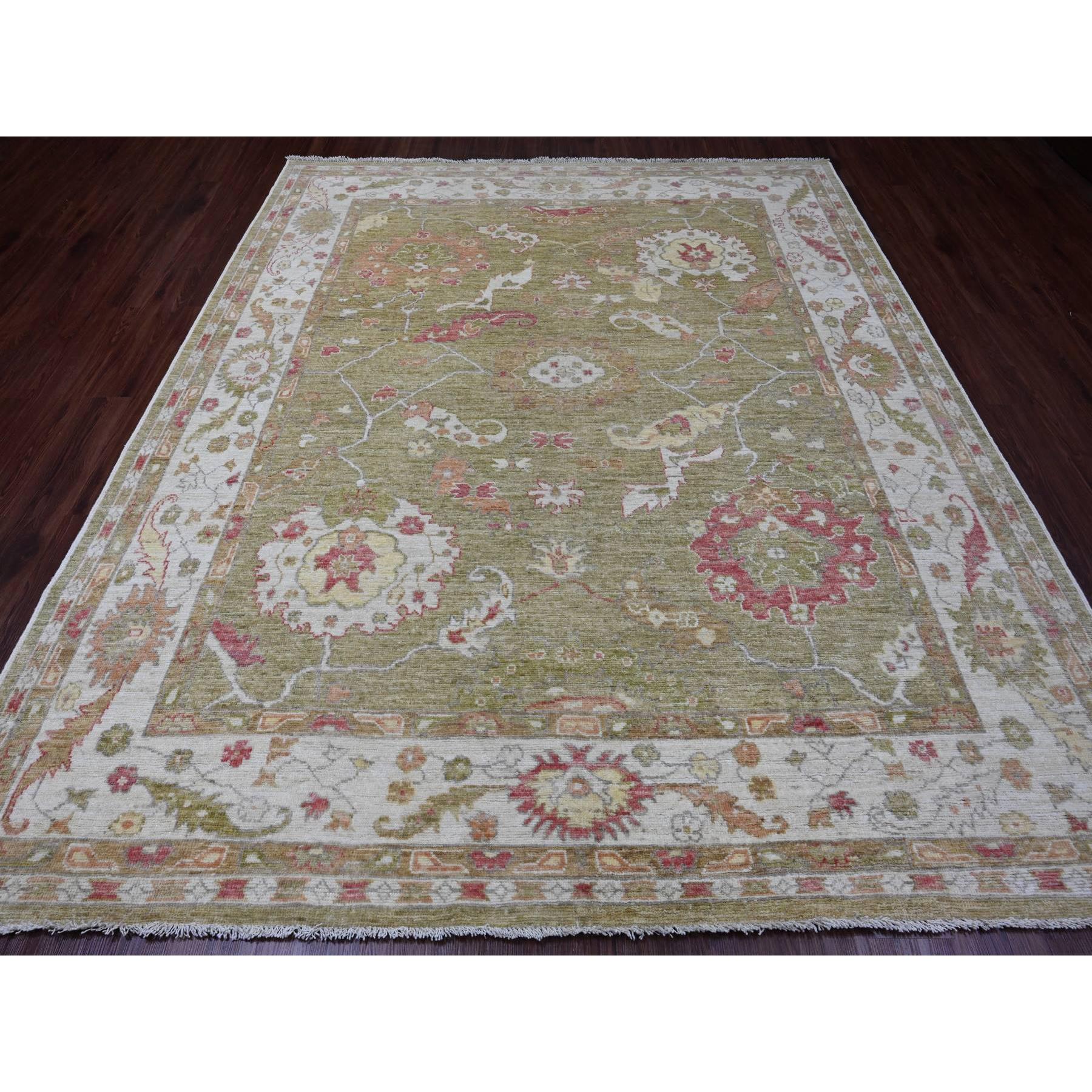 8'1"x9'7" Amber Green, Afghan Angora Oushak with Large Leaf Design, 100% Wool, Veggie Dyes, Hand Knotted, Oriental Rug Sh89767