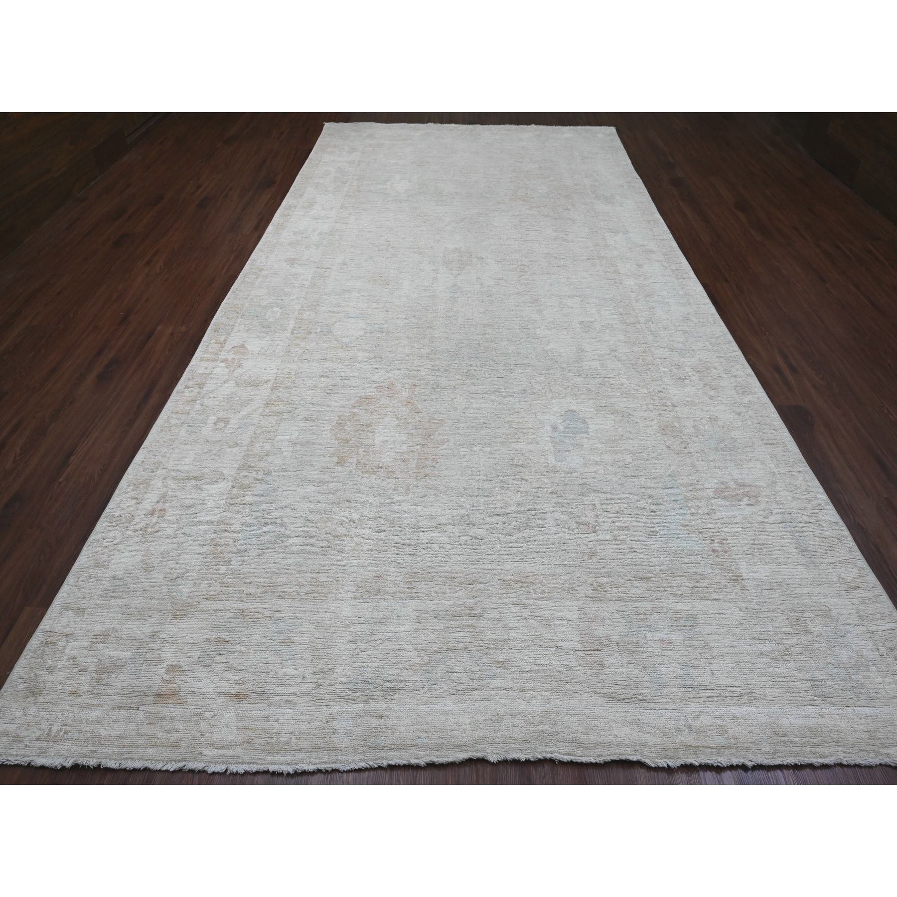 7'8"x14'10" Cloud Gray, Hand Knotted, Afghan Angora Oushak with Faded Leaf Design, Natural Dyes, 100% Wool, Gallery Size, Wide Runner, Oriental Rug Sh89768