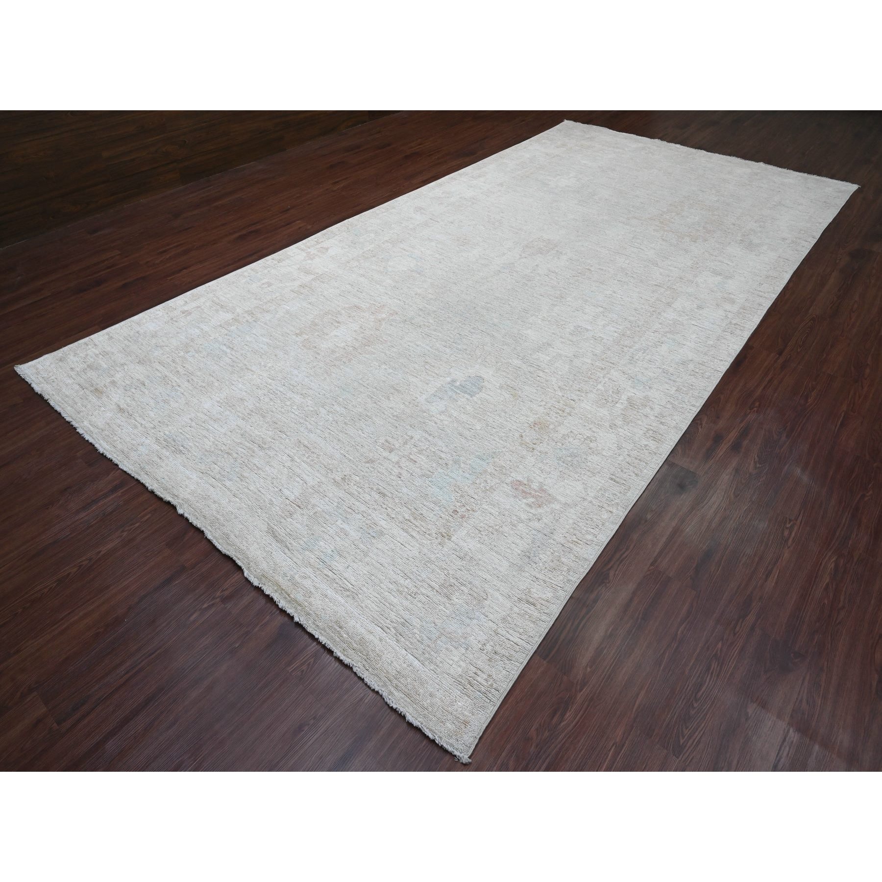7'8"x14'10" Cloud Gray, Hand Knotted, Afghan Angora Oushak with Faded Leaf Design, Natural Dyes, 100% Wool, Gallery Size, Wide Runner, Oriental Rug Sh89768
