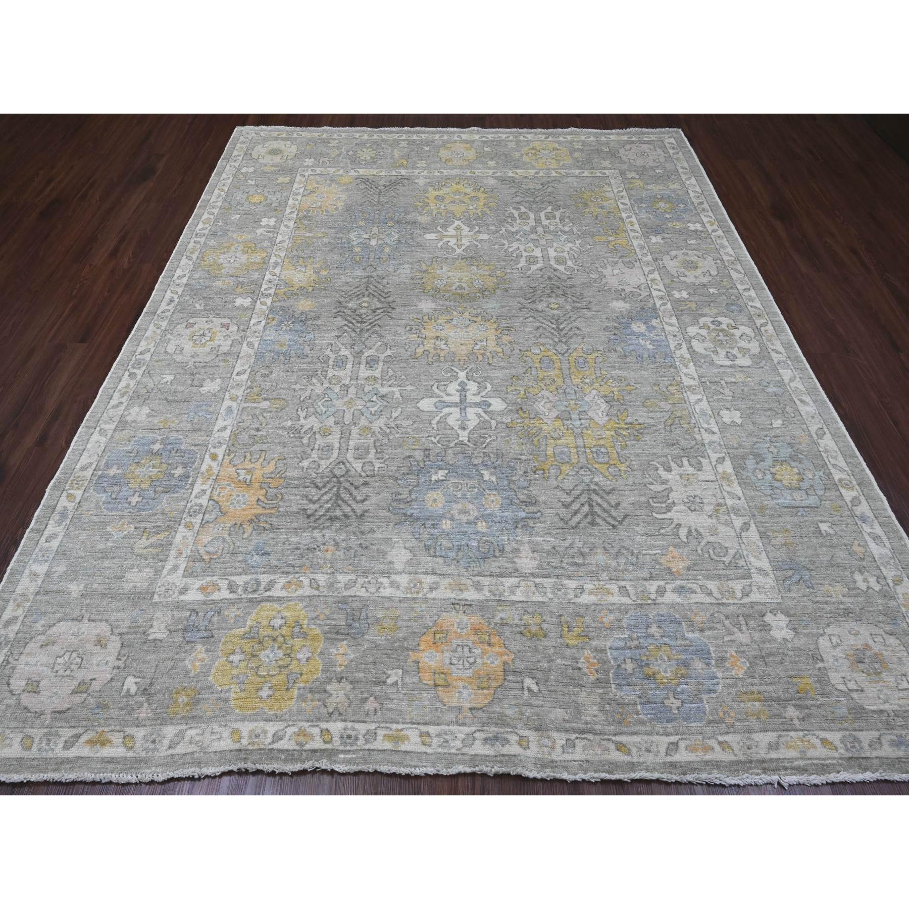 8'x9'7" Spanish Gray, Afghan Angora Oushak with Geometric Leaf Pattern, Hand Knotted, Vegetable Dyes, 100% Wool, Oriental Rug Sh89769