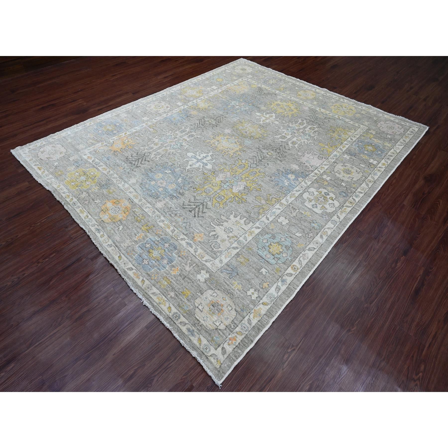 8'x9'7" Spanish Gray, Afghan Angora Oushak with Geometric Leaf Pattern, Hand Knotted, Vegetable Dyes, 100% Wool, Oriental Rug Sh89769