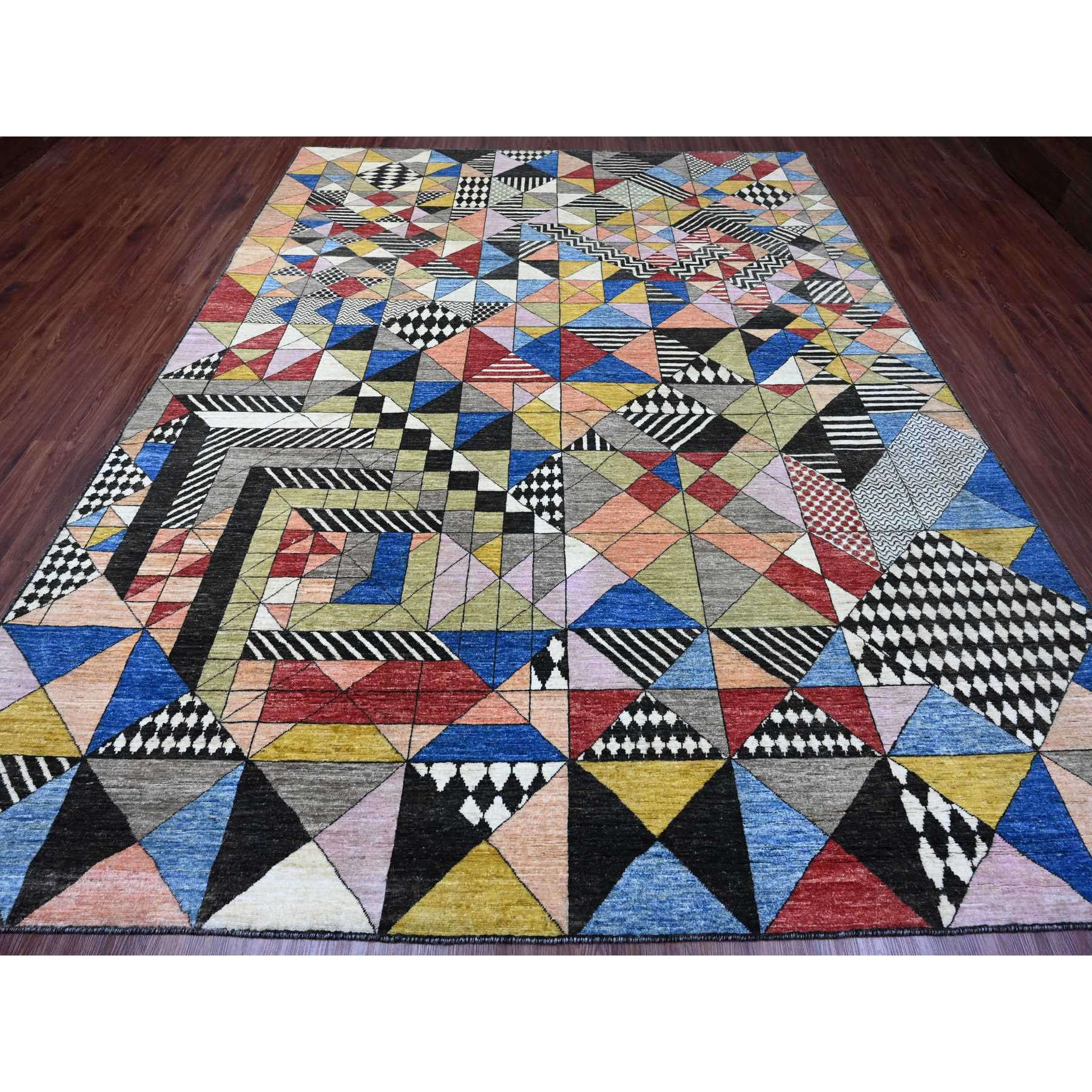 8'10"x11'9" Charcoal Black, Bauhaus Inspired Design, Colorful Geometric Pattern, Arts and Crafts, Hand Knotted, 100% Wool, Oriental Rug Sh89771