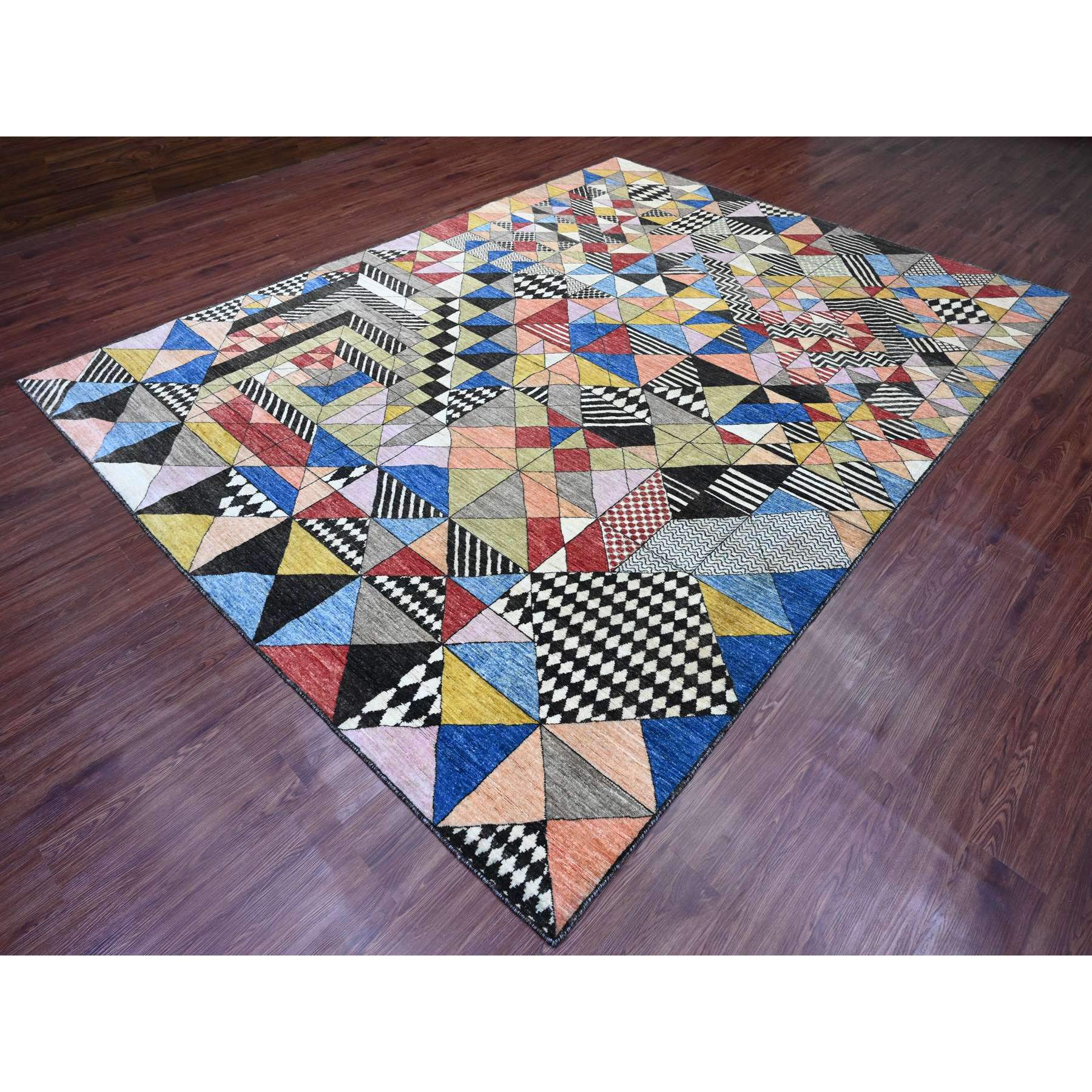 8'10"x11'9" Charcoal Black, Bauhaus Inspired Design, Colorful Geometric Pattern, Arts and Crafts, Hand Knotted, 100% Wool, Oriental Rug Sh89771